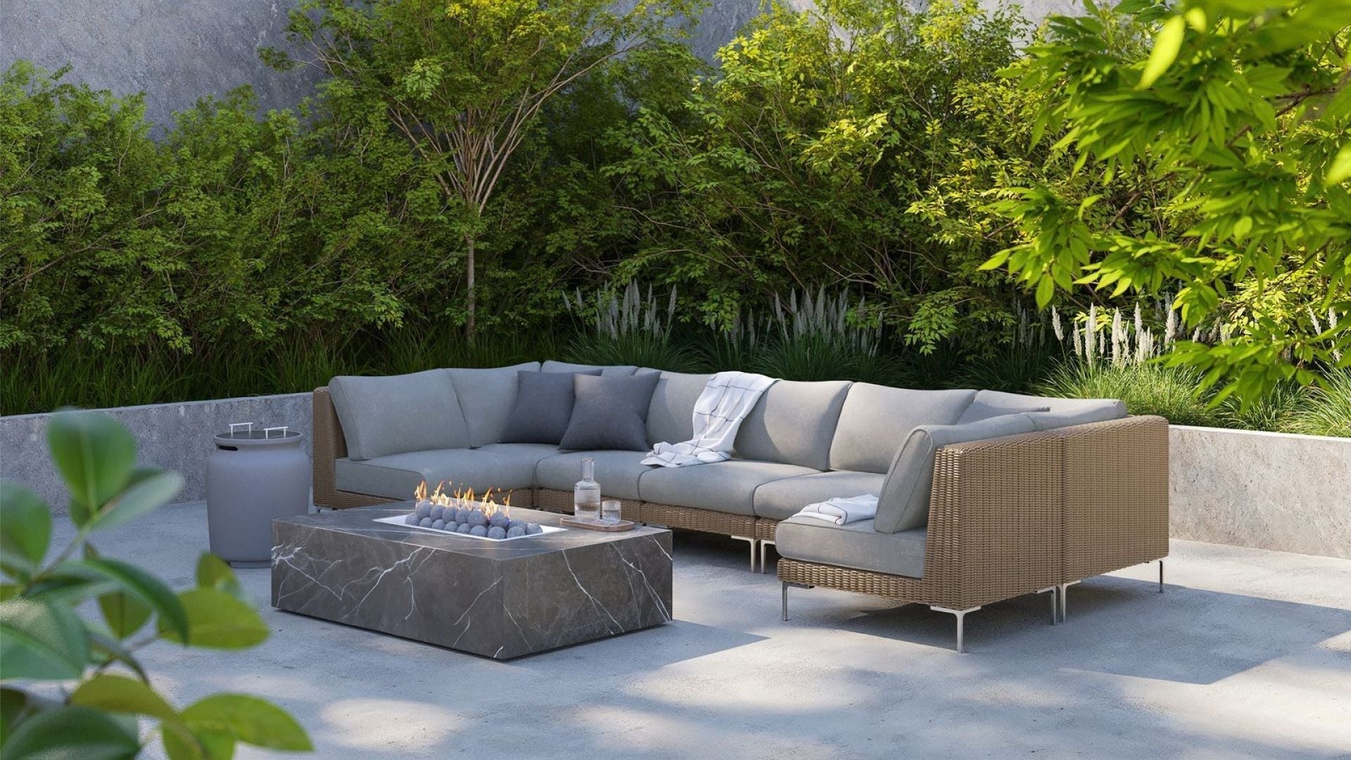 brown wicker outdoor sofa+outerstone fire pit https://liveouter.com