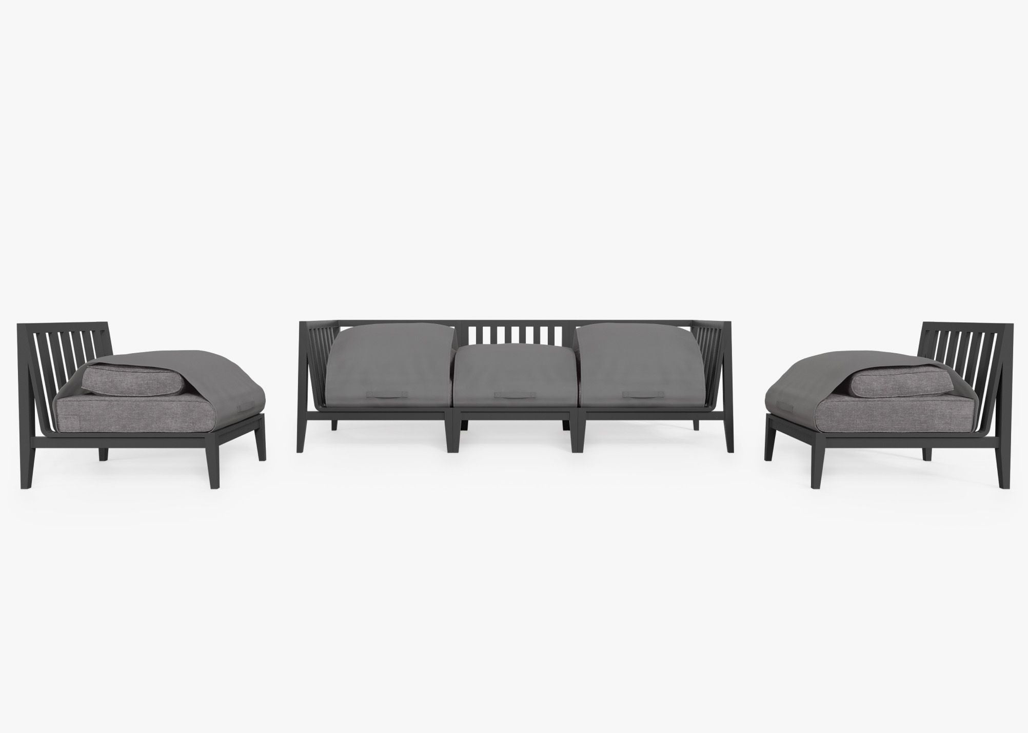 Charcoal Aluminum Outdoor Sofa with Armless Chairs - 5 Seat shown with the OuterShell outdoor cushion cover, offering exclusive integrated protection. #color_dark pebble gray