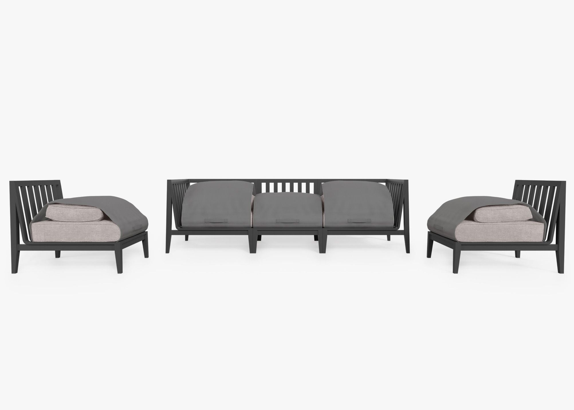 Charcoal Aluminum Outdoor Sofa with Armless Chairs - 5 Seat shown with the OuterShell outdoor cushion cover, offering exclusive integrated protection. #color_sandstone gray
