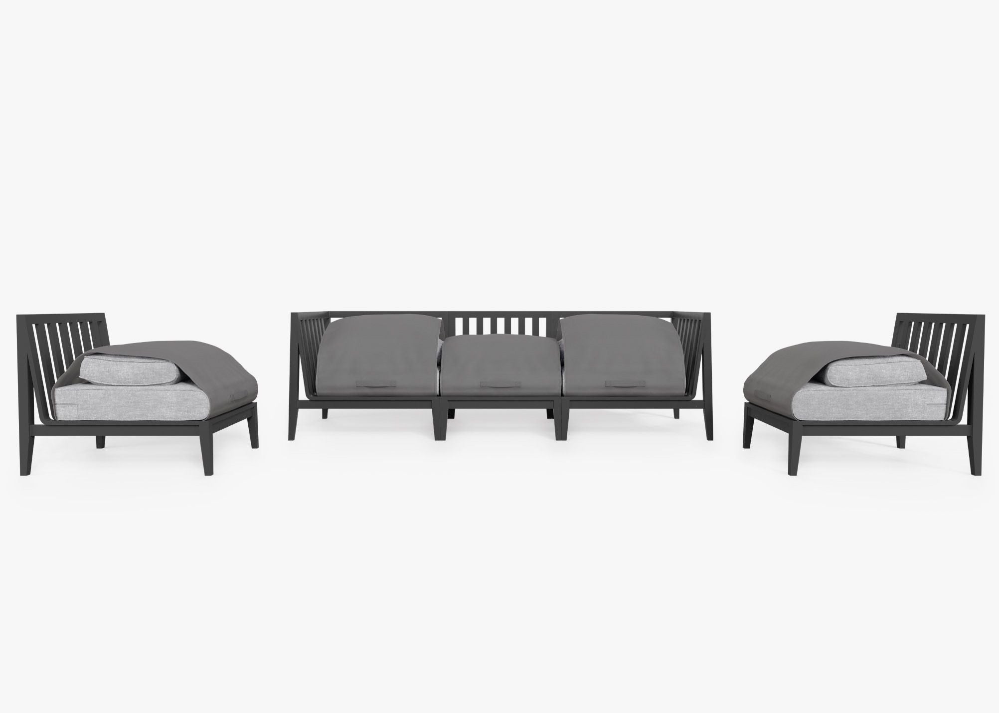Charcoal Aluminum Outdoor Sofa with Armless Chairs - 5 Seat shown with the OuterShell outdoor cushion cover, offering exclusive integrated protection. #color_pacific fog gray