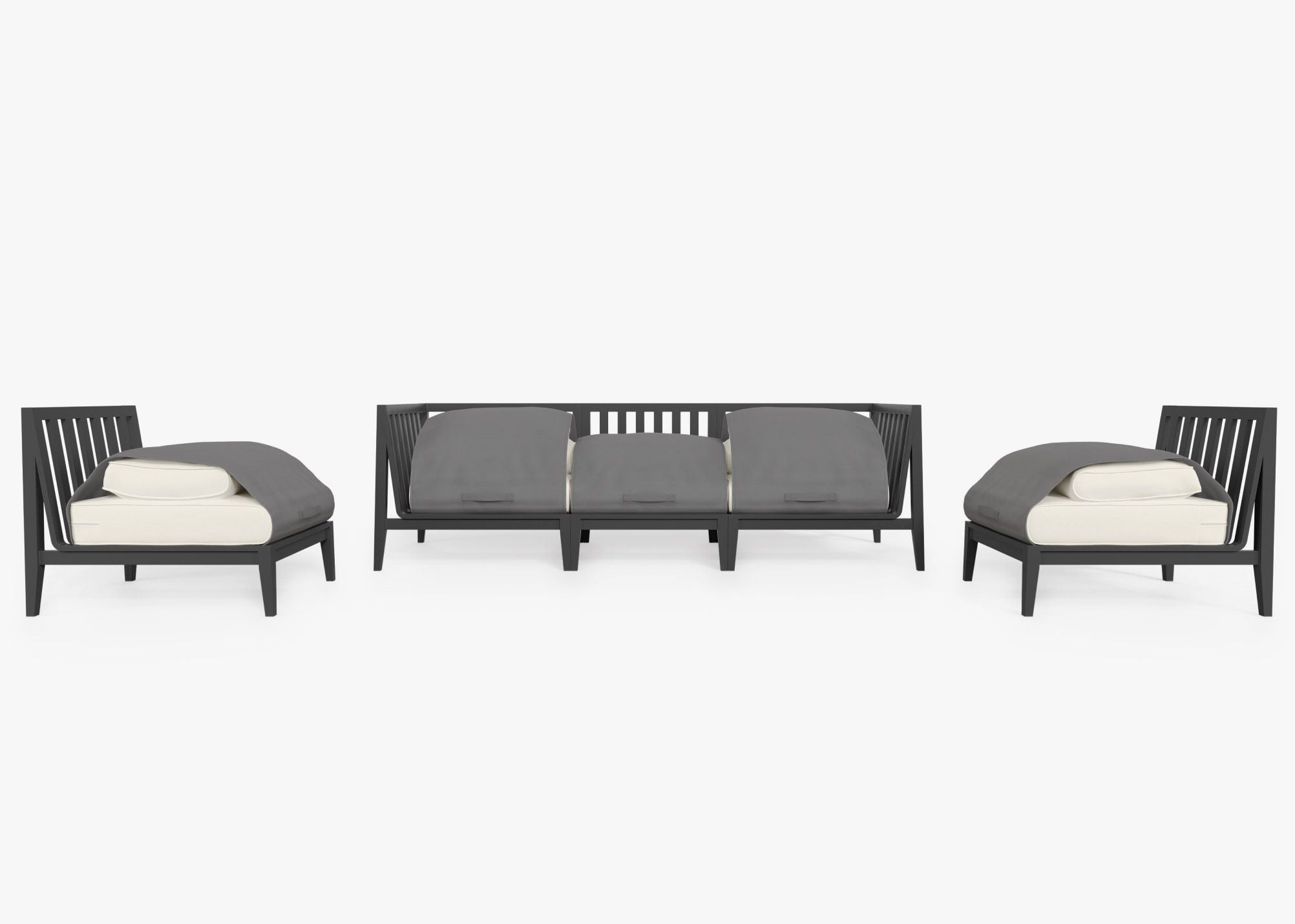 Charcoal Aluminum Outdoor Sofa with Armless Chairs - 5 Seat shown with the OuterShell outdoor cushion cover, offering exclusive integrated protection. #color_palisades cream