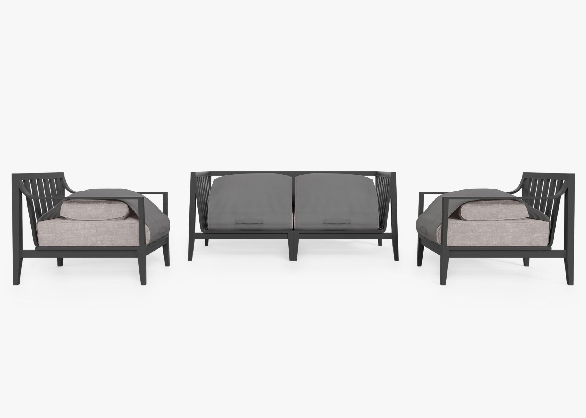 Charcoal Aluminum Outdoor Loveseat with Armchairs - 4 Seat shown with the OuterShell outdoor cushion cover, offering exclusive integrated protection. #color_sandstone gray