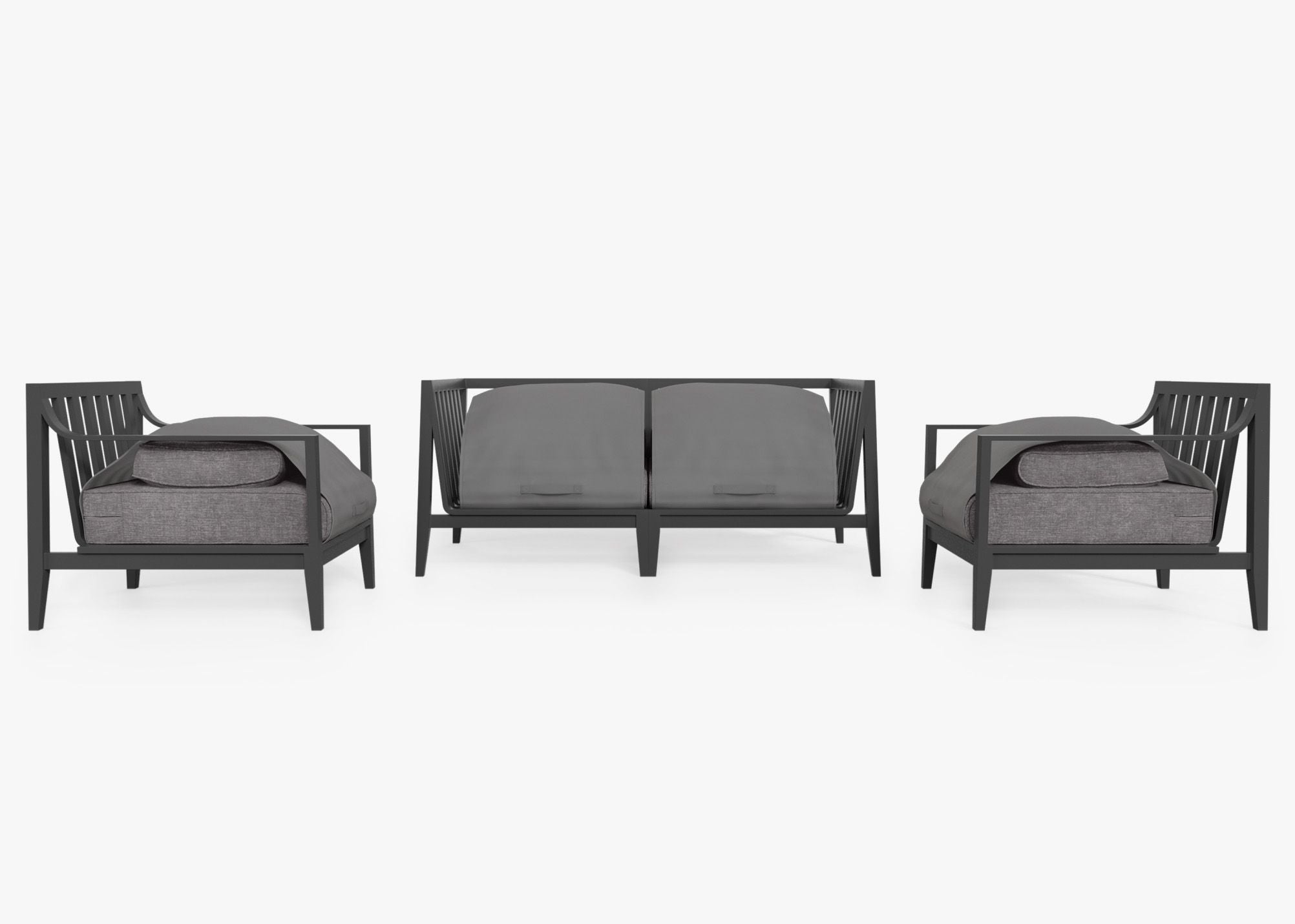 Charcoal Aluminum Outdoor Loveseat with Armchairs - 4 Seat shown with the OuterShell outdoor cushion cover, offering exclusive integrated protection. #color_dark pebble gray
