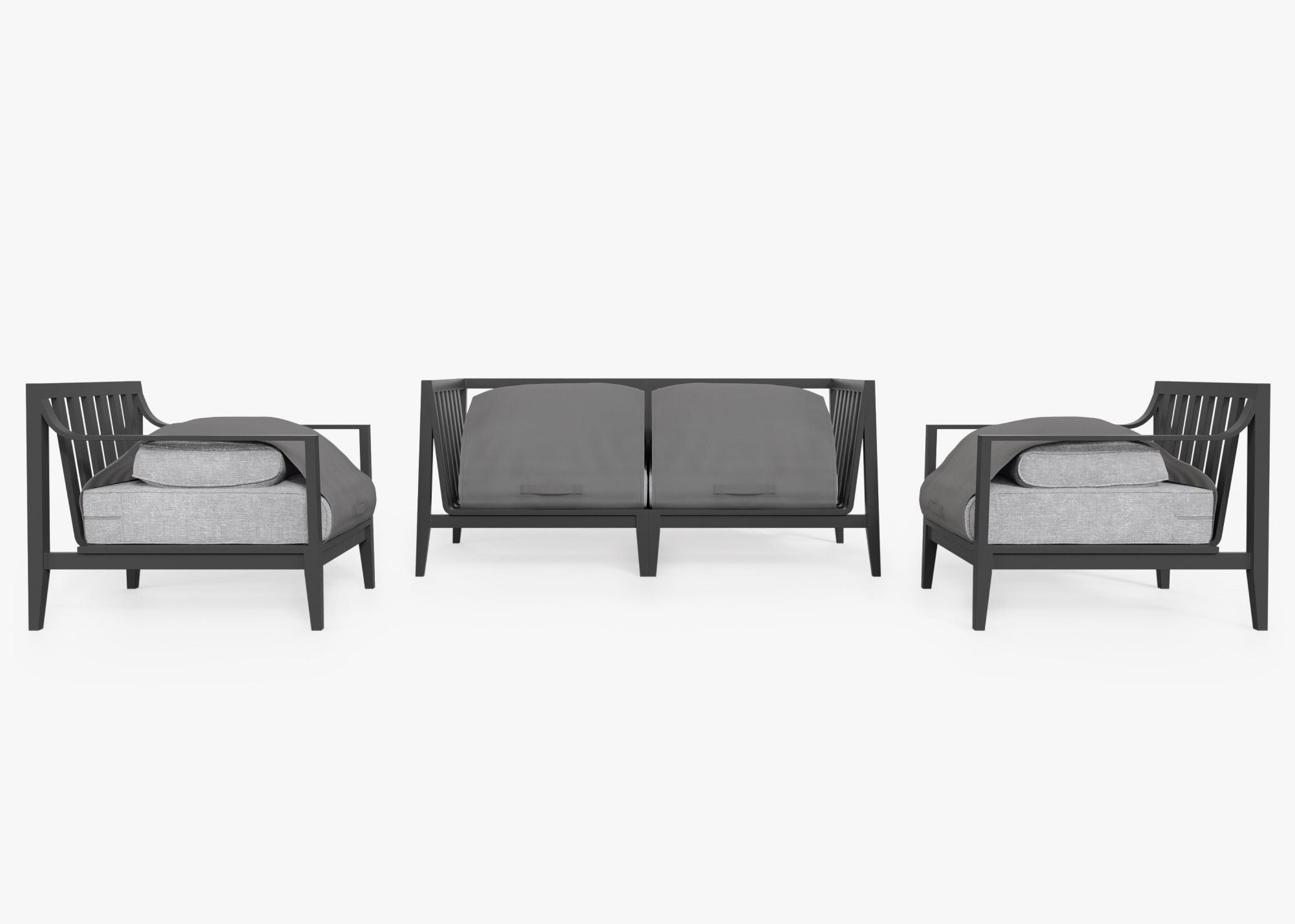 Charcoal Aluminum Outdoor Loveseat with Armchairs - 4 Seat shown with the OuterShell outdoor cushion cover, offering exclusive integrated protection. #color_pacific fog gray