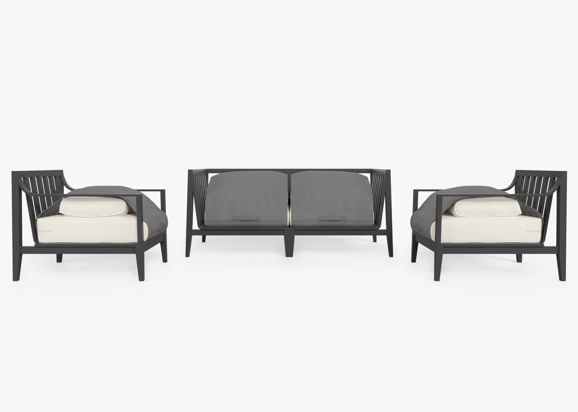 Charcoal Aluminum Outdoor Loveseat with Armchairs - 4 Seat shown with the OuterShell outdoor cushion cover, offering exclusive integrated protection. #color_palisades cream
