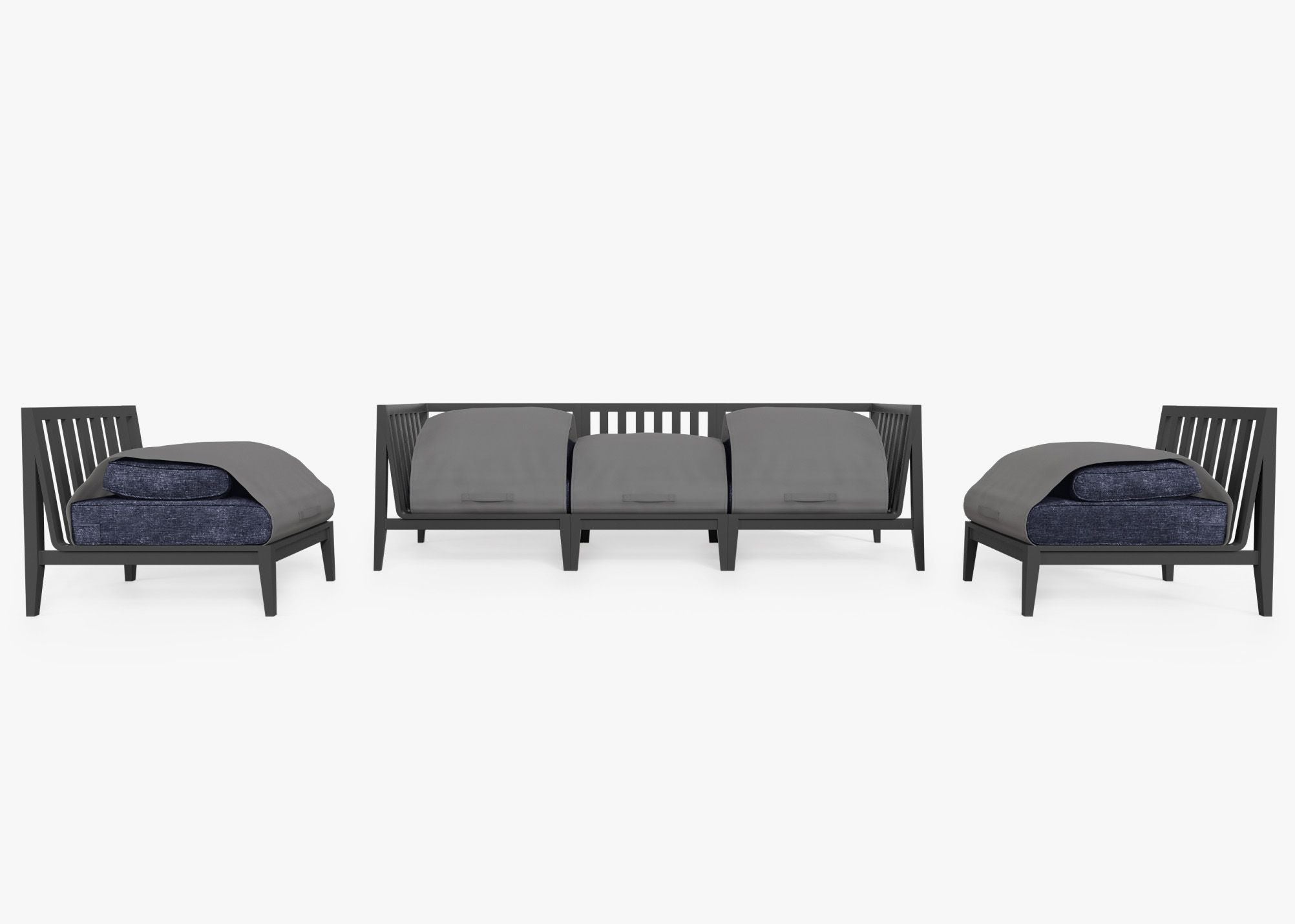 Charcoal Aluminum Outdoor Sofa with Armless Chairs - 5 Seat shown with the OuterShell outdoor cushion cover, offering exclusive integrated protection. #color_deep sea navy