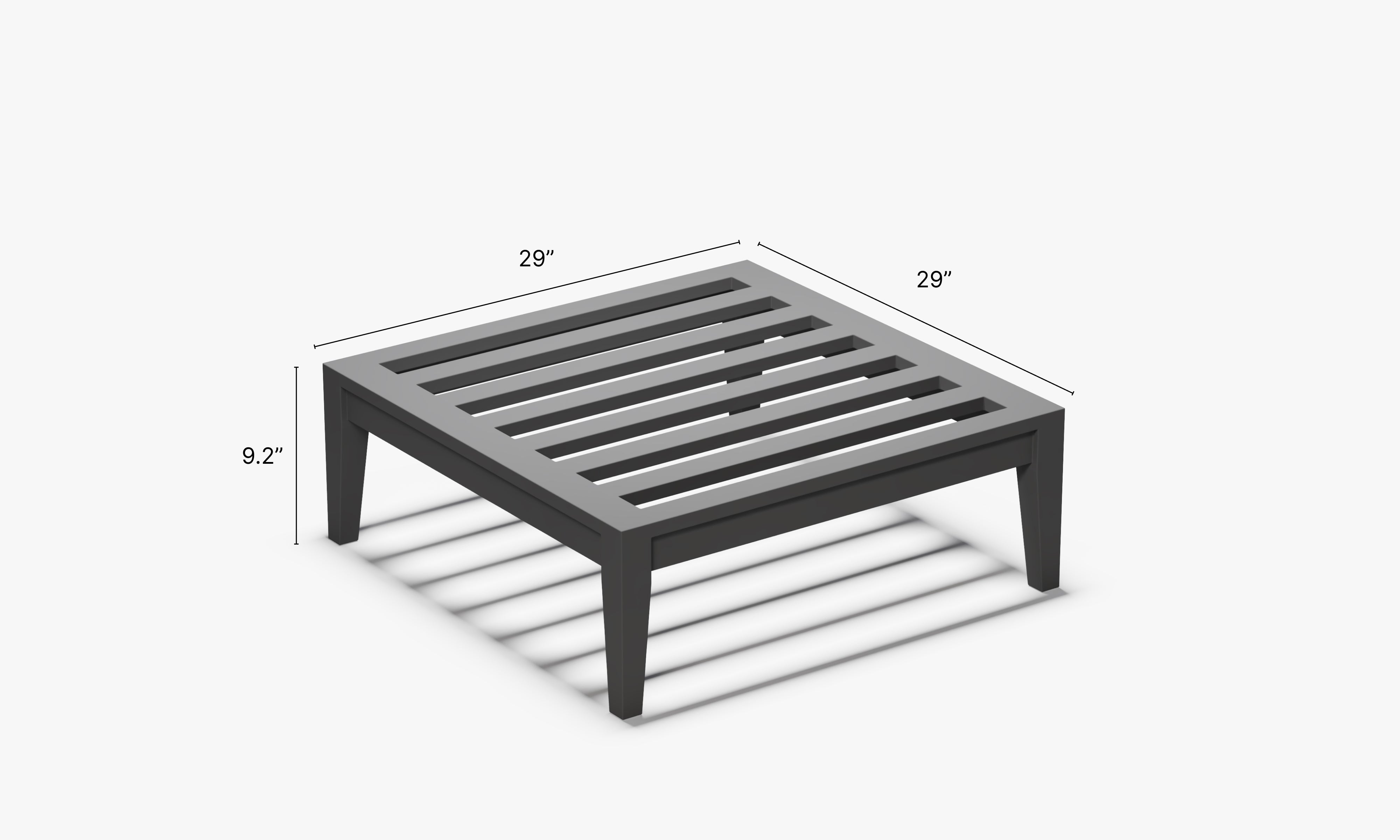 Outer charcoal aluminum ottoman frame dimensions 29 inch by 29 inch with 9.2 inch height for outdoor patio use