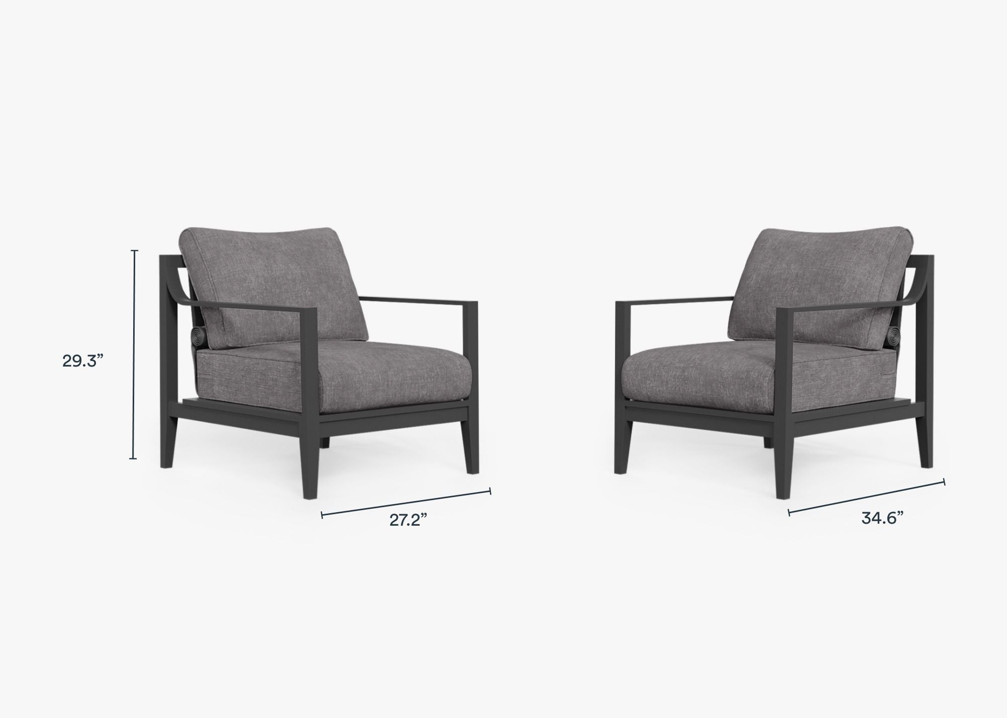 Charcoal Aluminum Outdoor Armchair Conversation Set dimensions in inches, also listed under Dimensions and Weights. #color_dark pebble gray