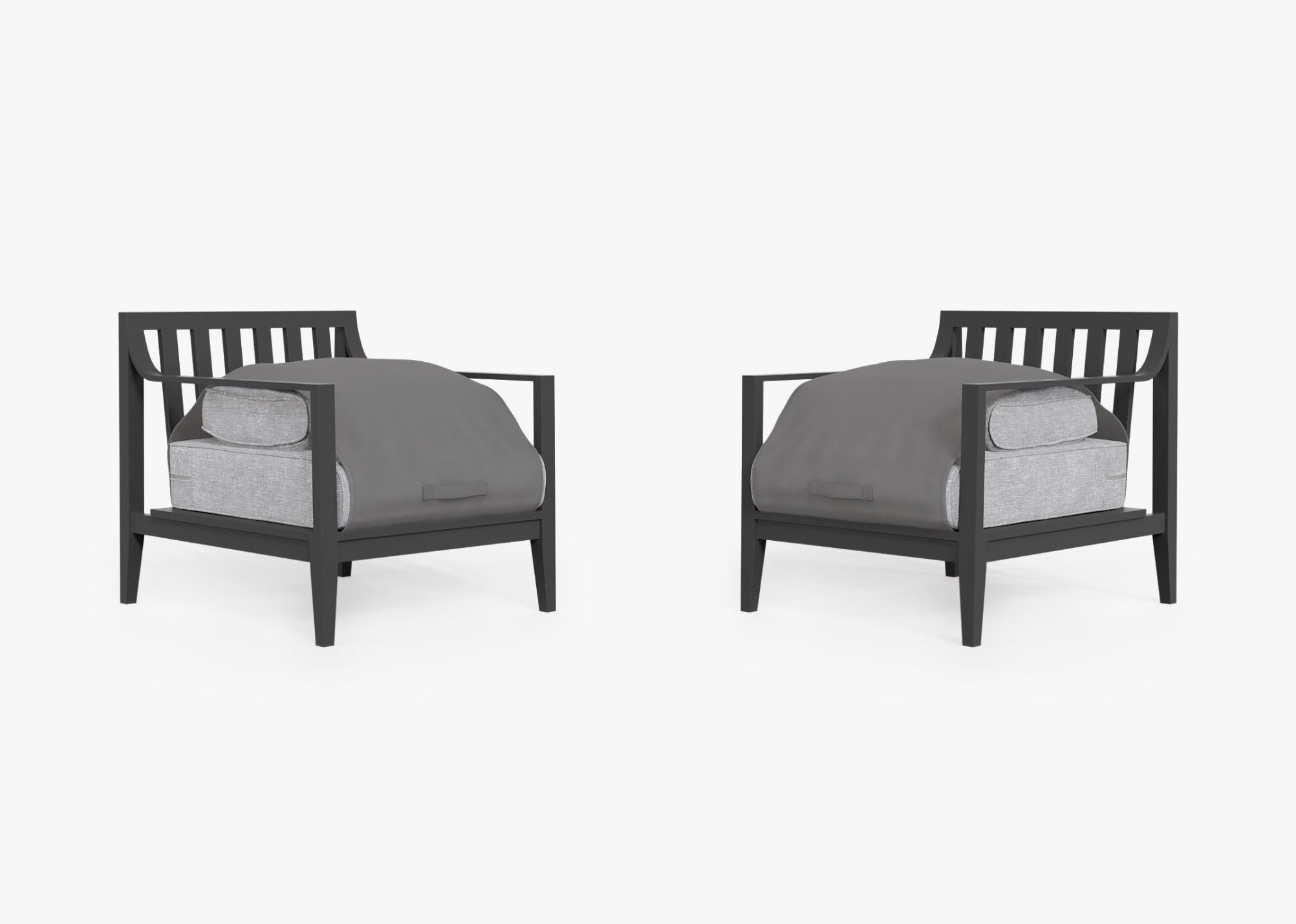 Charcoal Aluminum Outdoor Armchair Conversation Set shown with the OuterShell outdoor cushion cover, offering exclusive integrated protection. #color_pacific fog gray