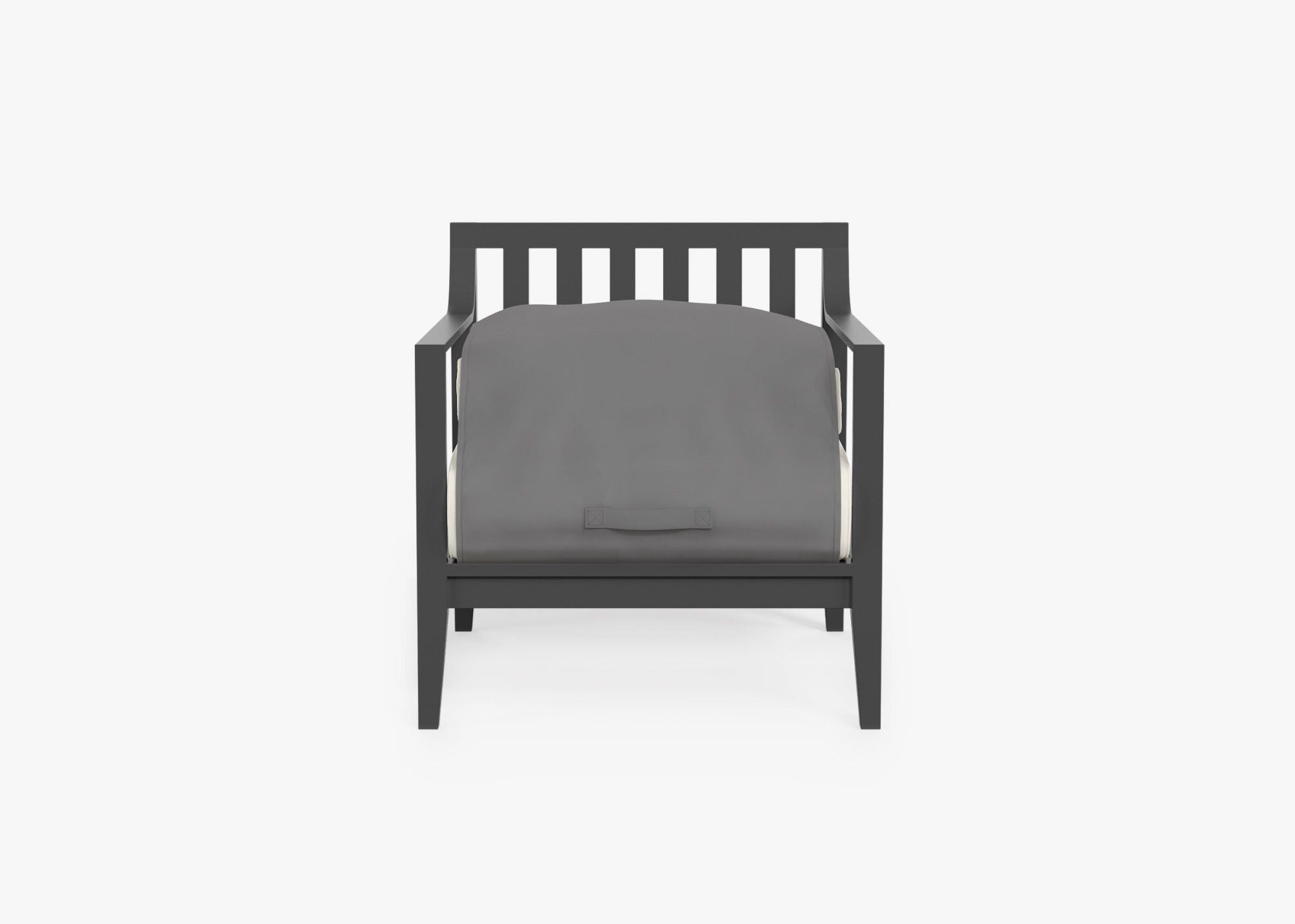 Charcoal Aluminum Outdoor Armchair shown with the OuterShell outdoor cushion cover, offering exclusive integrated protection. #color_palisades cream