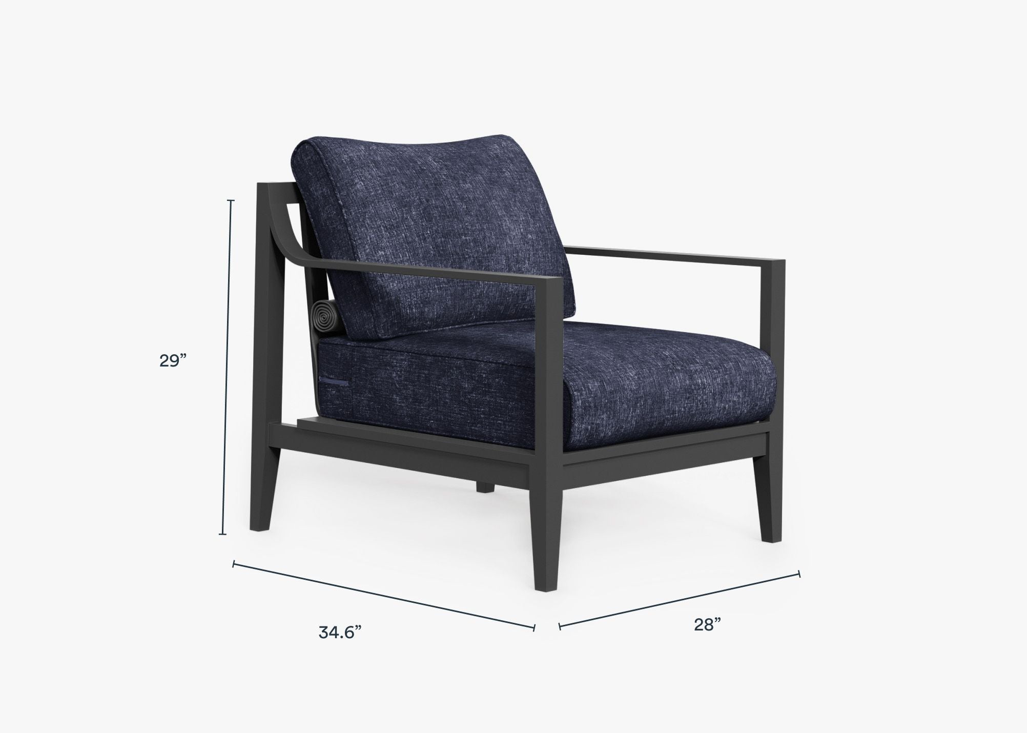 Charcoal Aluminum Outdoor Armchair dimensions in inches, also listed under Dimensions and Weights. #color_deep sea navy
