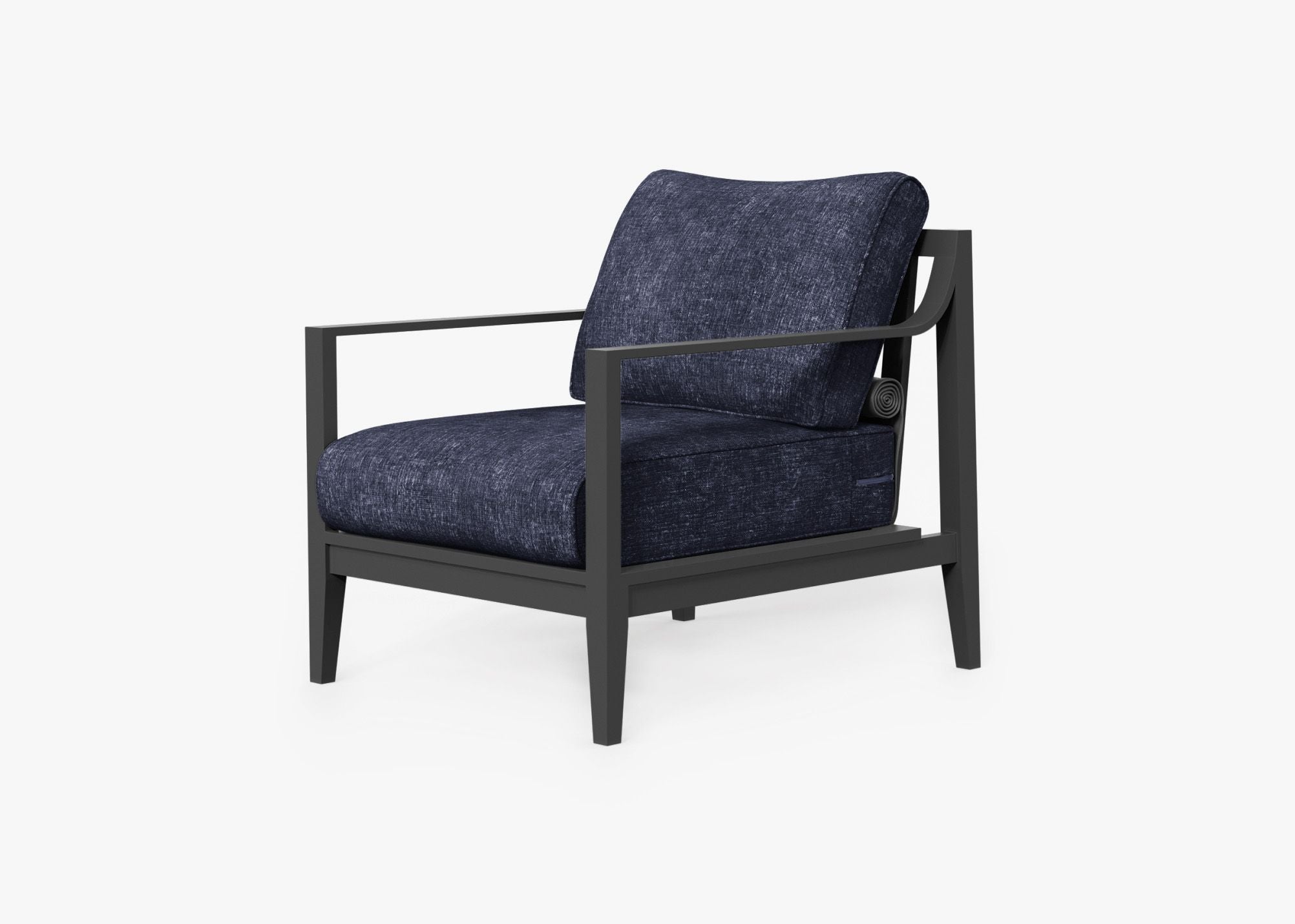 Charcoal Aluminum Outdoor Armchair, front. Comfortable, durable, and weather resistant outdoor seating with memory foam. #color_deep sea navy