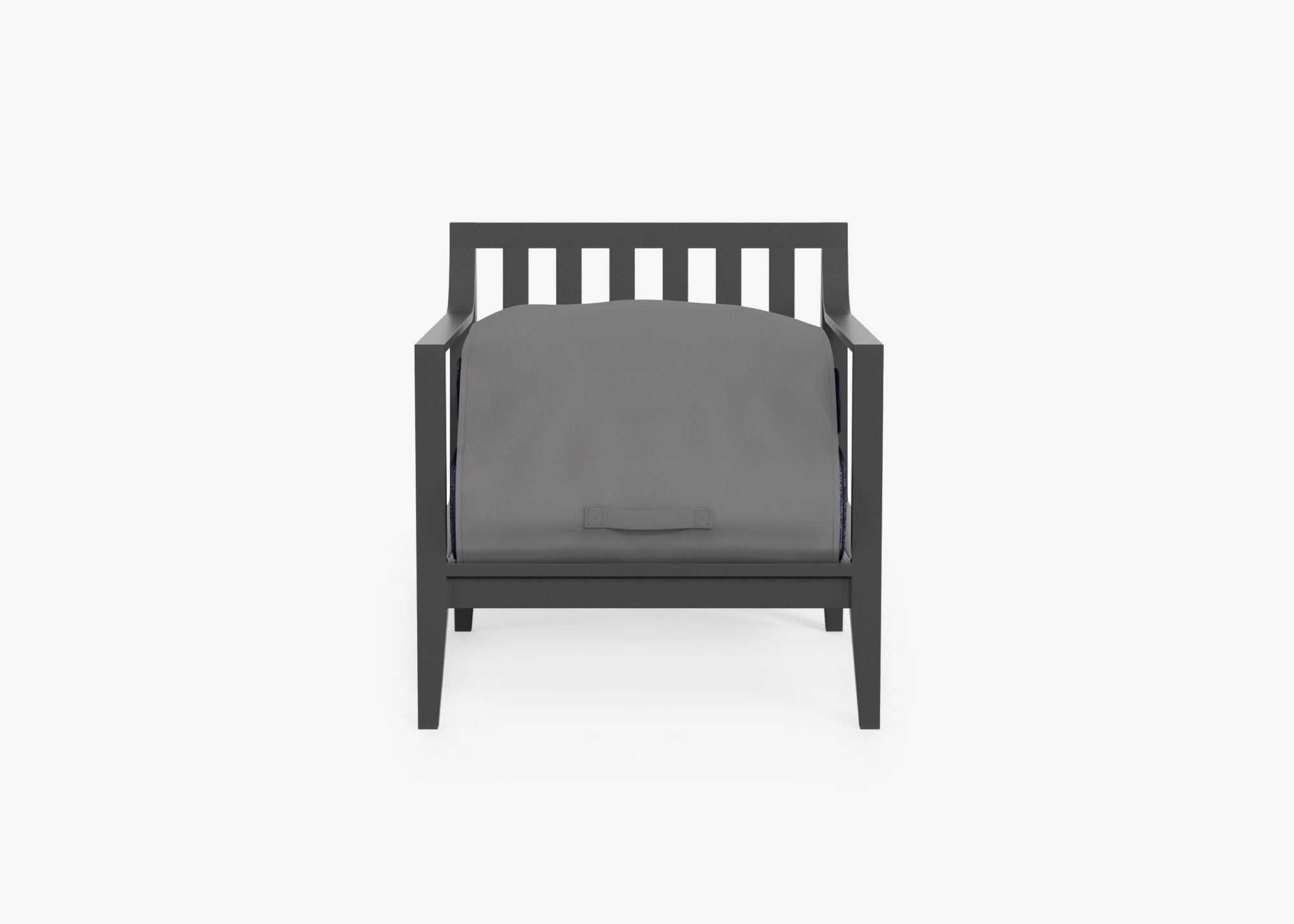 Charcoal Aluminum Outdoor Armchair shown with the OuterShell outdoor cushion cover, offering exclusive integrated protection. #color_deep sea navy