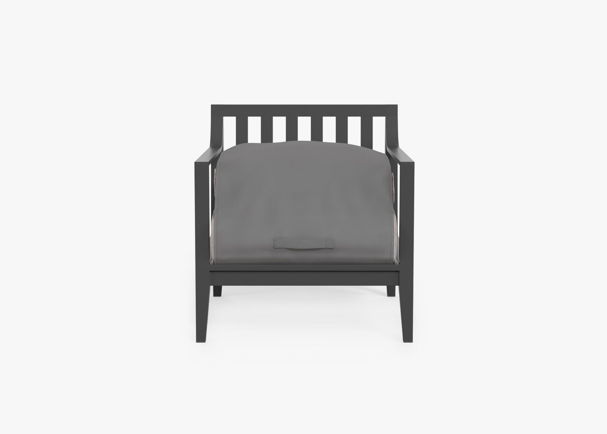 Charcoal Aluminum Outdoor Armchair shown with the OuterShell outdoor cushion cover, offering exclusive integrated protection. #color_sandstone gray