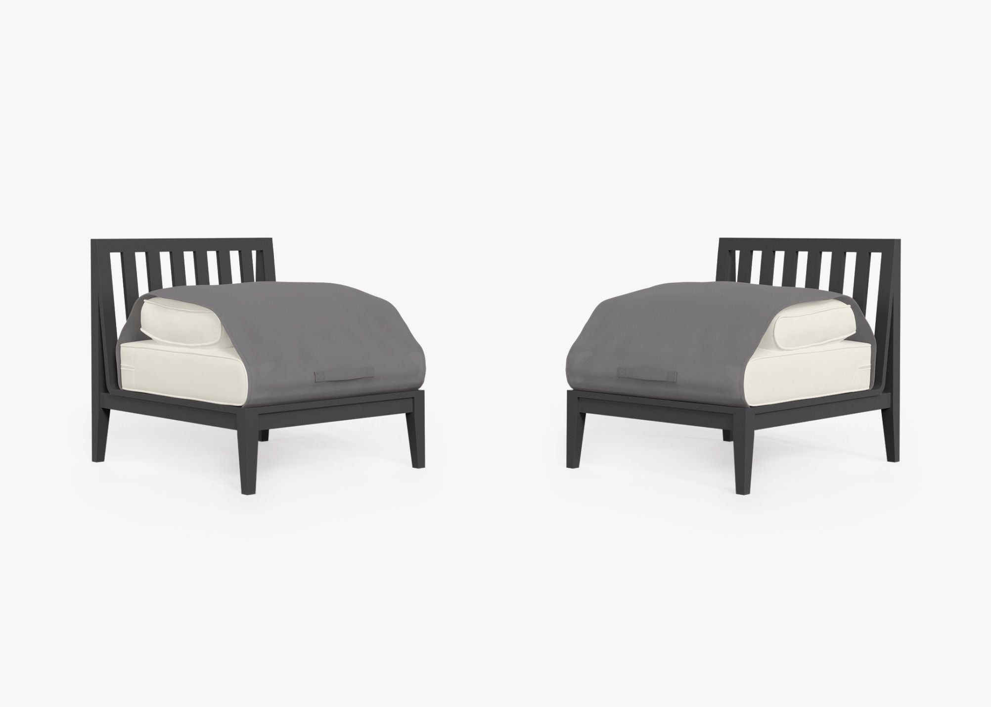 Charcoal Aluminum Outdoor Armless Chair Conversation Set shown with the OuterShell outdoor cushion cover, offering exclusive integrated protection. #color_palisades cream