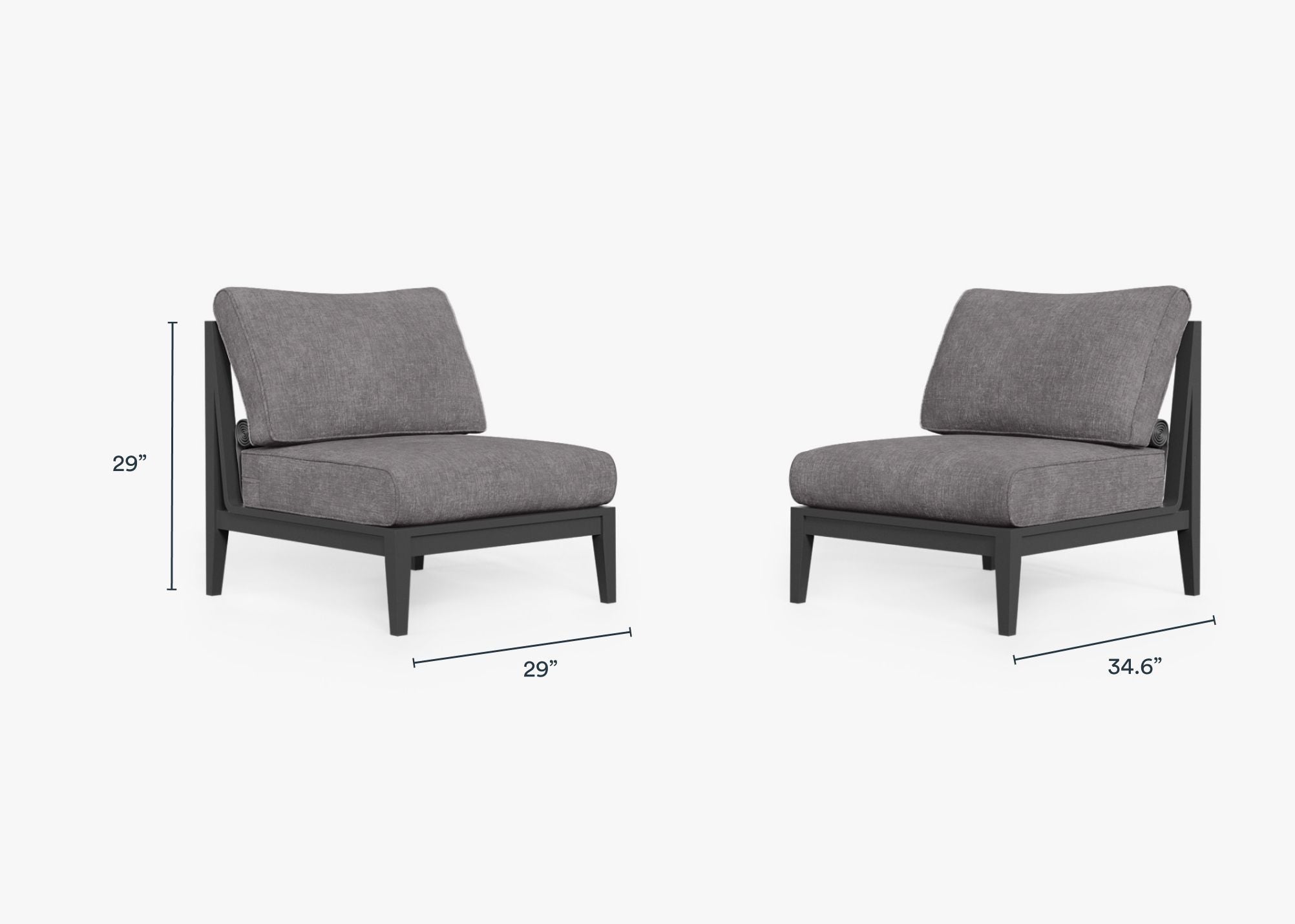 Charcoal Aluminum Outdoor Armless Chair Conversation Set dimensions in inches, also listed under Dimensions and Weights. #color_dark pebble gray