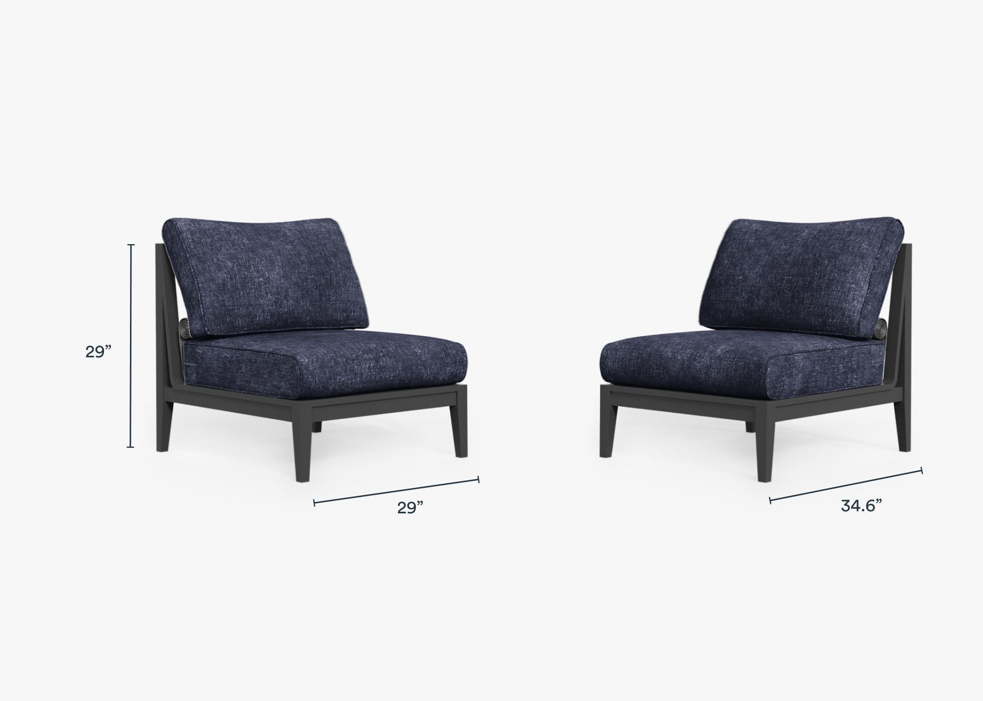 Charcoal Aluminum Outdoor Armless Chair Conversation Set dimensions in inches, also listed under Dimensions and Weights. #color_deep sea navy