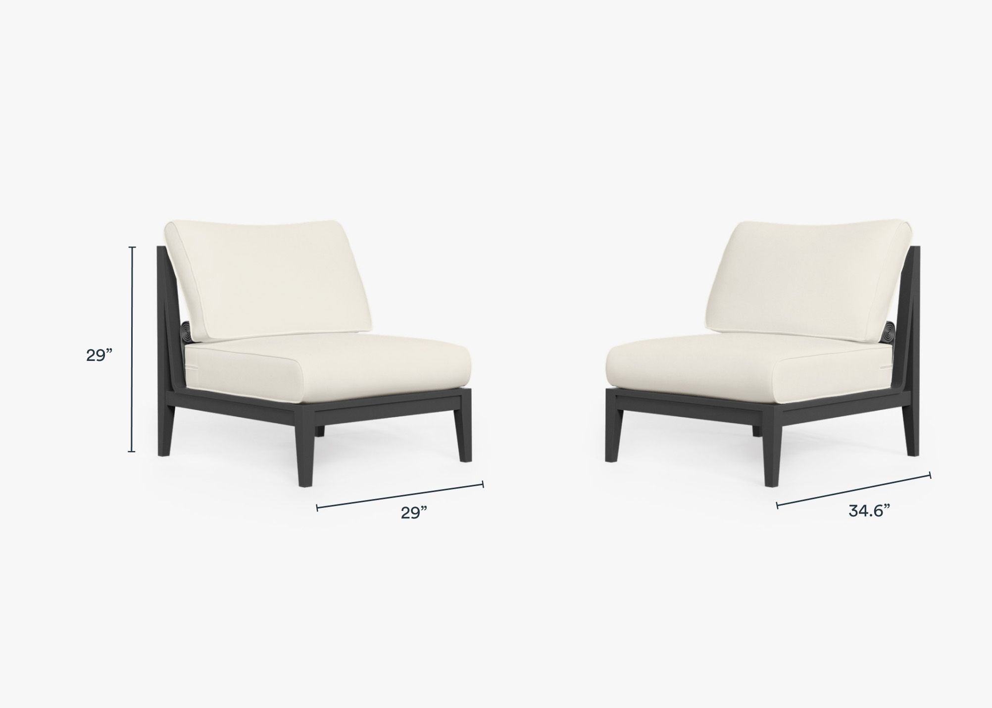 Charcoal Aluminum Outdoor Armless Chair Conversation Set dimensions in inches, also listed under Dimensions and Weights. #color_palisades cream