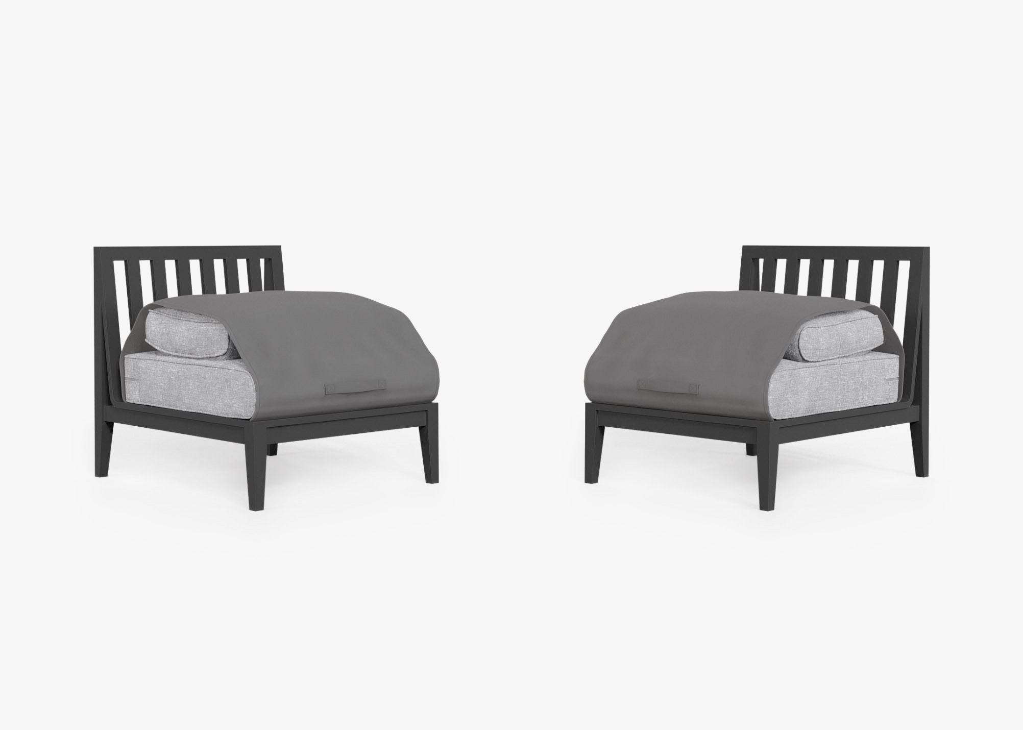 Charcoal Aluminum Outdoor Armless Chair Conversation Set shown with the OuterShell outdoor cushion cover, offering exclusive integrated protection. #color_pacific fog gray