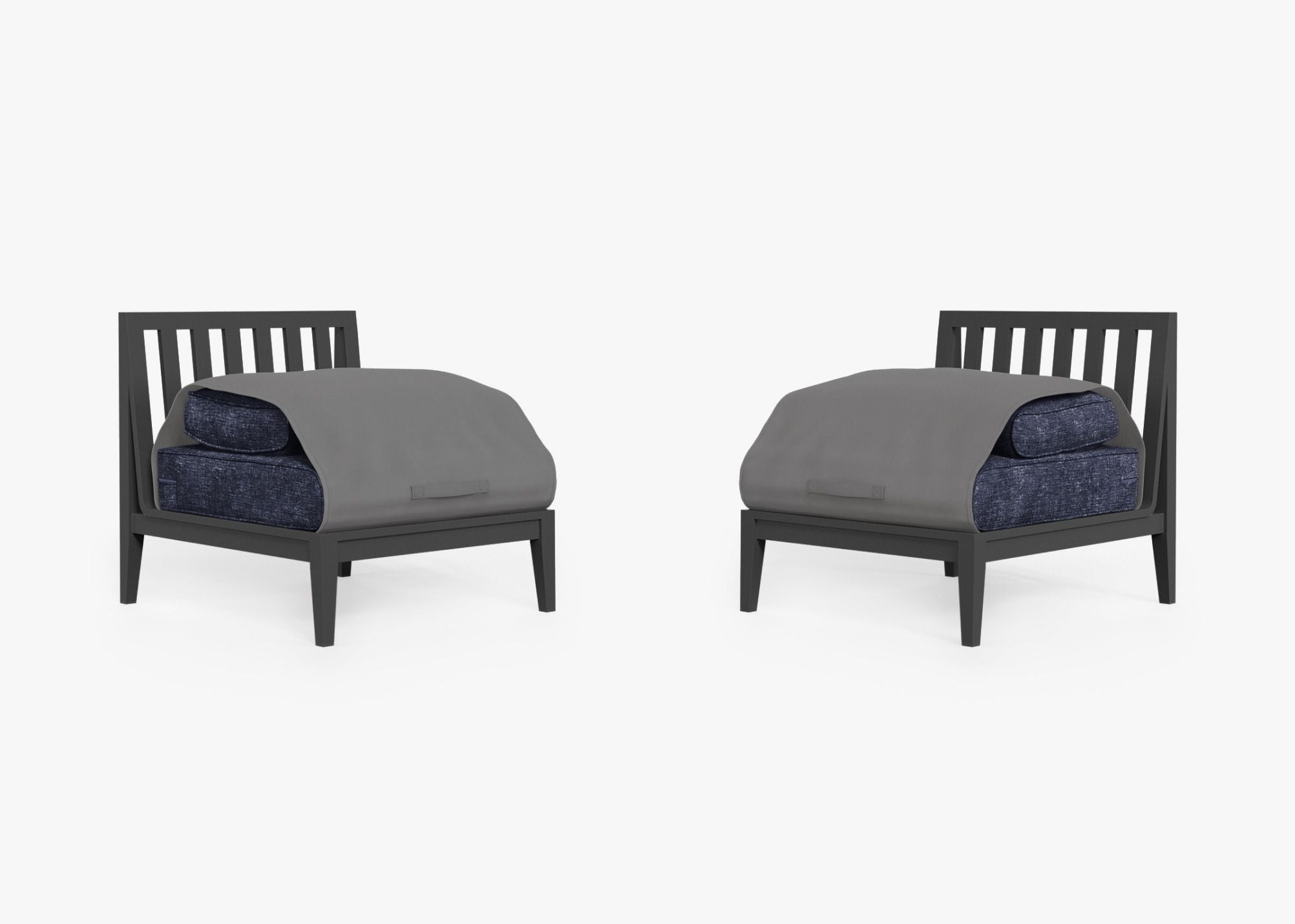 Charcoal Aluminum Outdoor Armless Chair Conversation Set shown with the OuterShell outdoor cushion cover, offering exclusive integrated protection. #color_deep sea navy