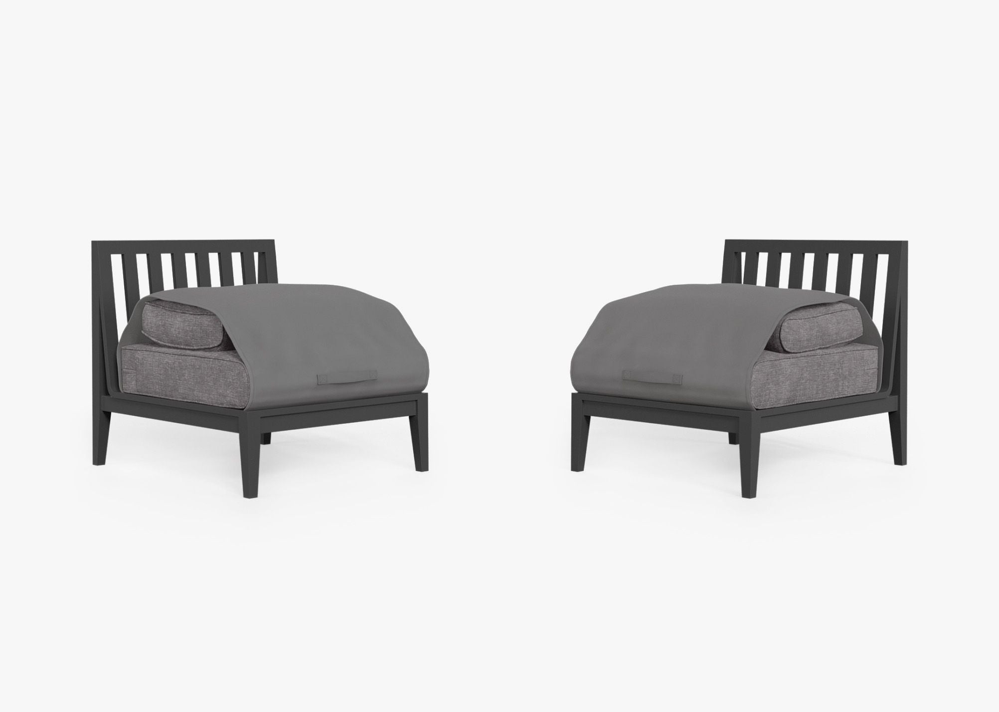 Charcoal Aluminum Outdoor Armless Chair Conversation Set shown with the OuterShell outdoor cushion cover, offering exclusive integrated protection. #color_dark pebble gray