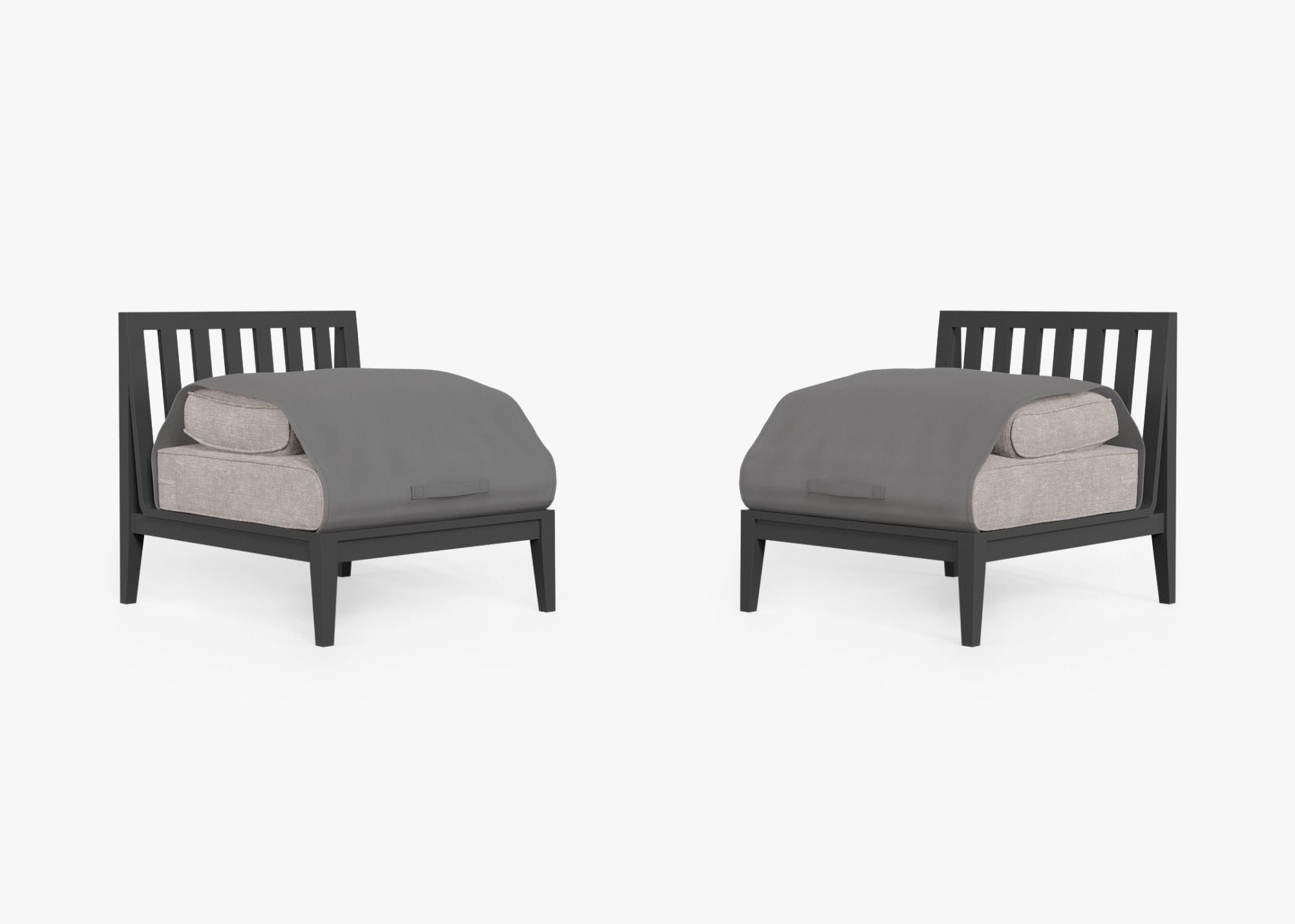 Charcoal Aluminum Outdoor Armless Chair Conversation Set shown with the OuterShell outdoor cushion cover, offering exclusive integrated protection. #color_sandstone gray