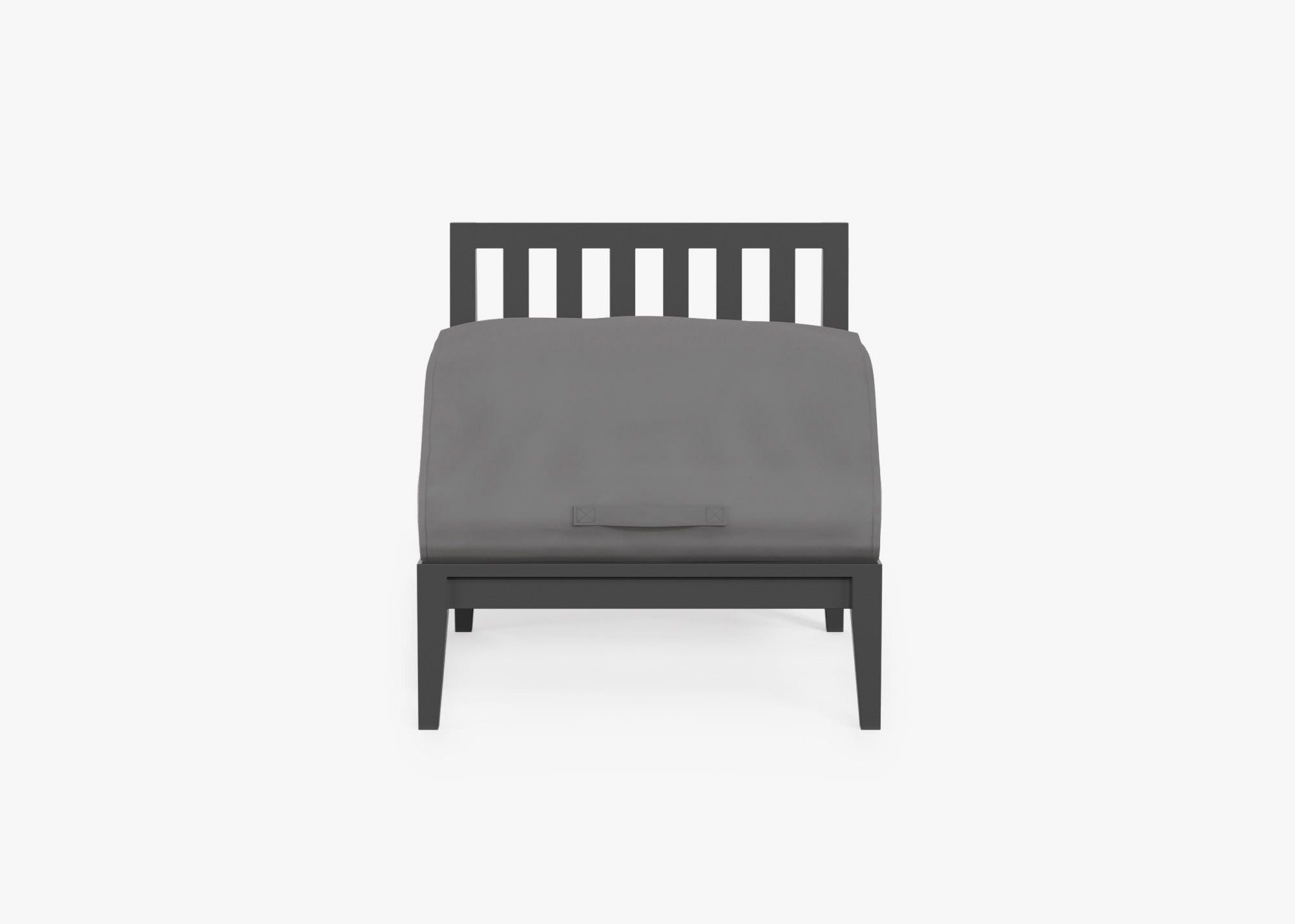 Charcoal Aluminum Outdoor Armless Chair shown with the OuterShell outdoor cushion cover, offering exclusive integrated protection. #color_pacific fog gray
