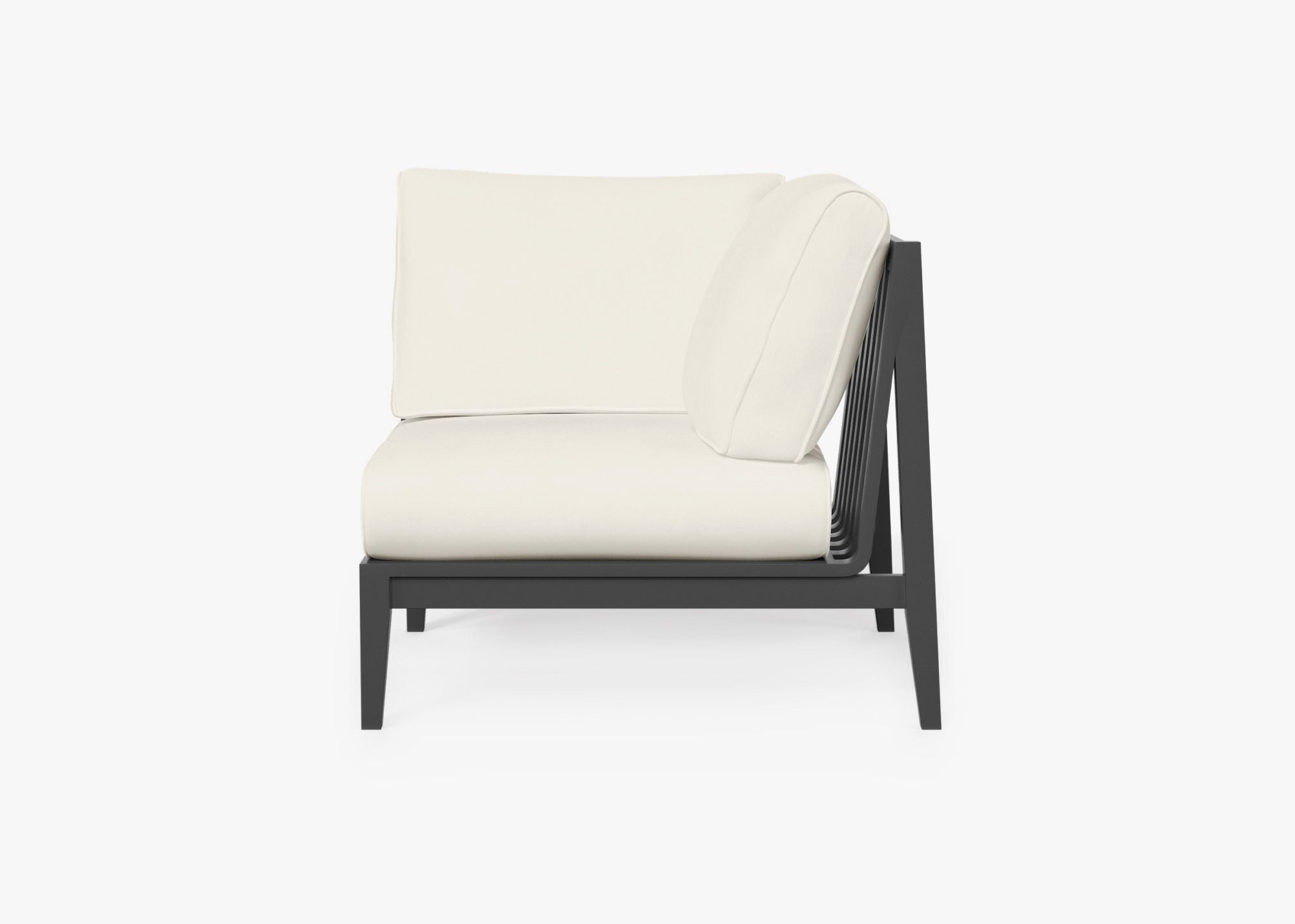 Charcoal Aluminum Outdoor Corner Chair - Left, front. Comfortable, durable, and weather resistant outdoor seating with memory foam. #color_palisades cream
