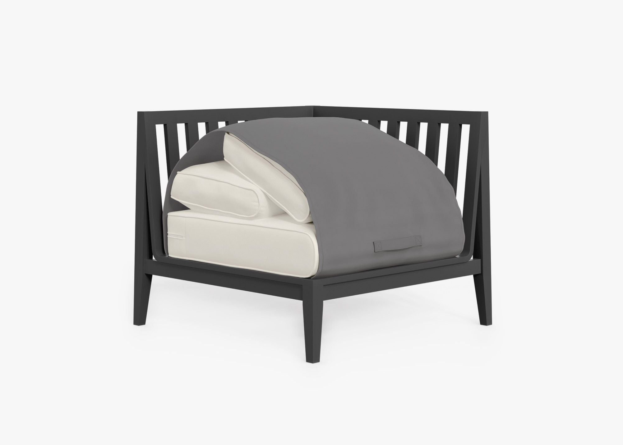Charcoal Aluminum Outdoor Corner Chair - Left shown with the OuterShell outdoor cushion cover, offering exclusive integrated protection. #color_palisades cream