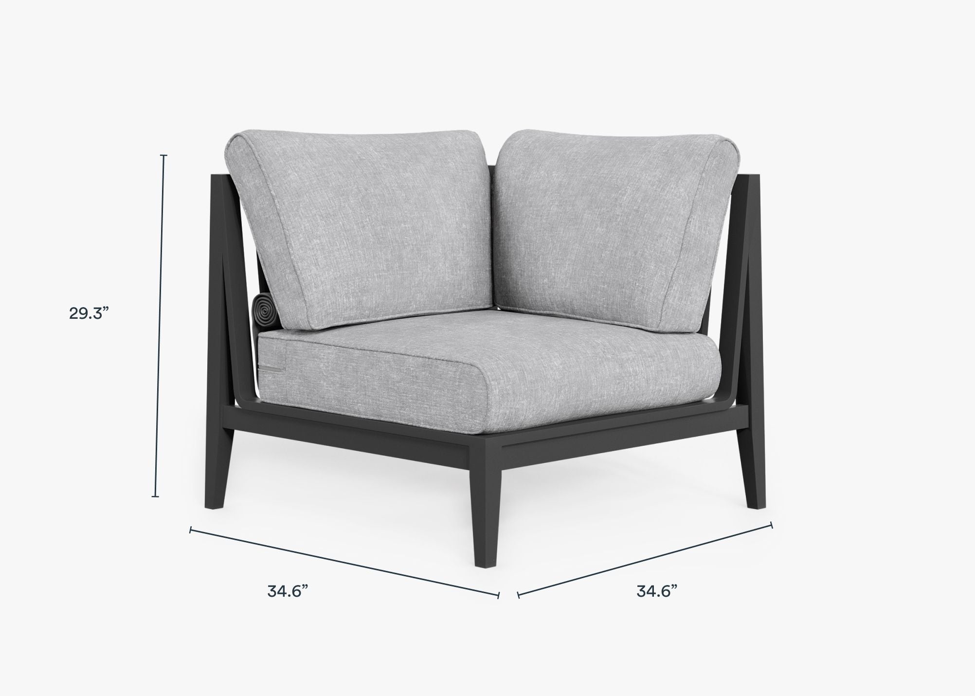 Charcoal Aluminum Outdoor Corner Chair - Left dimensions in inches, also listed under Dimensions and Weights. #color_pacific fog gray