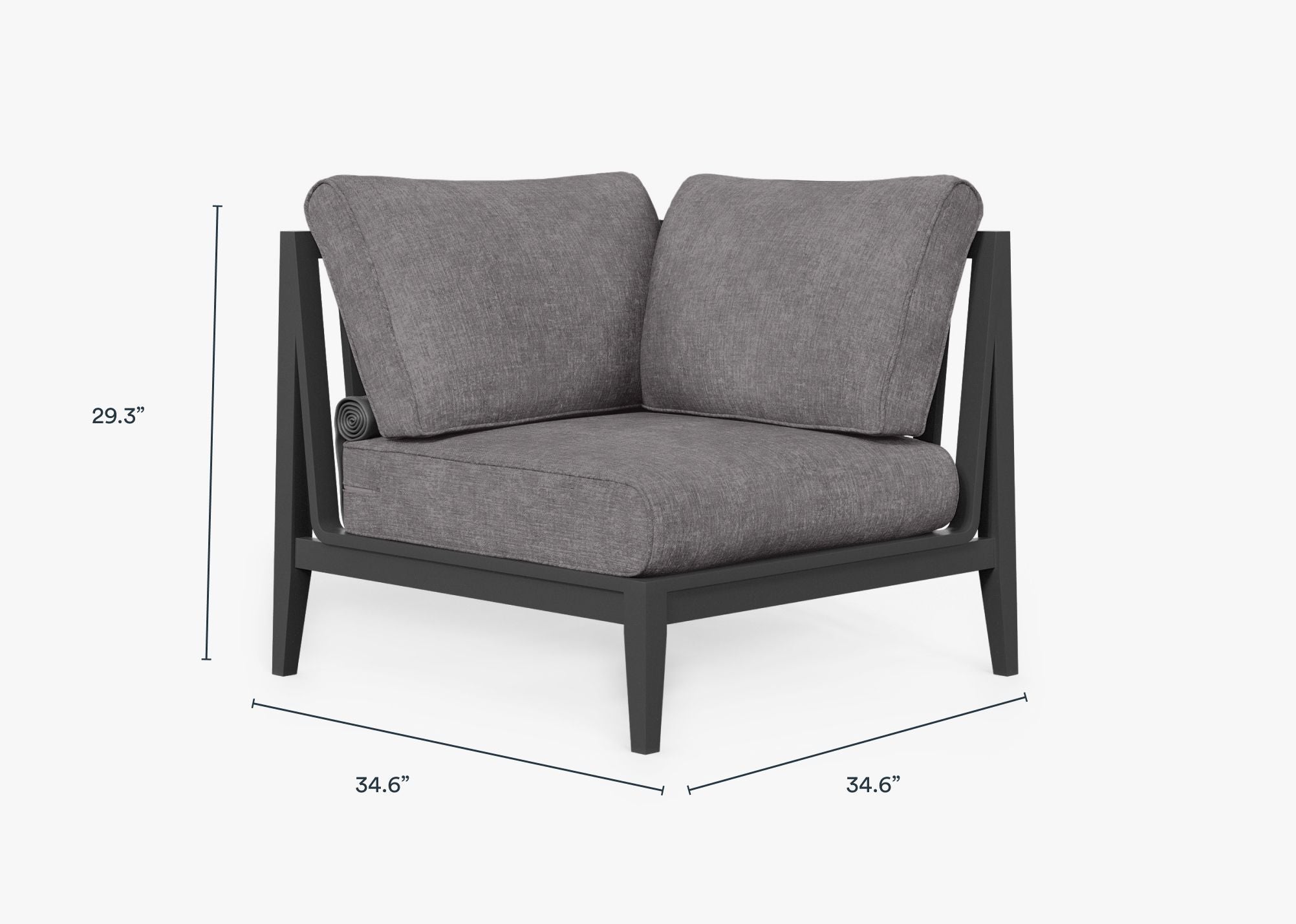 Charcoal Aluminum Outdoor Corner Chair - Left dimensions in inches, also listed under Dimensions and Weights. #color_dark pebble gray