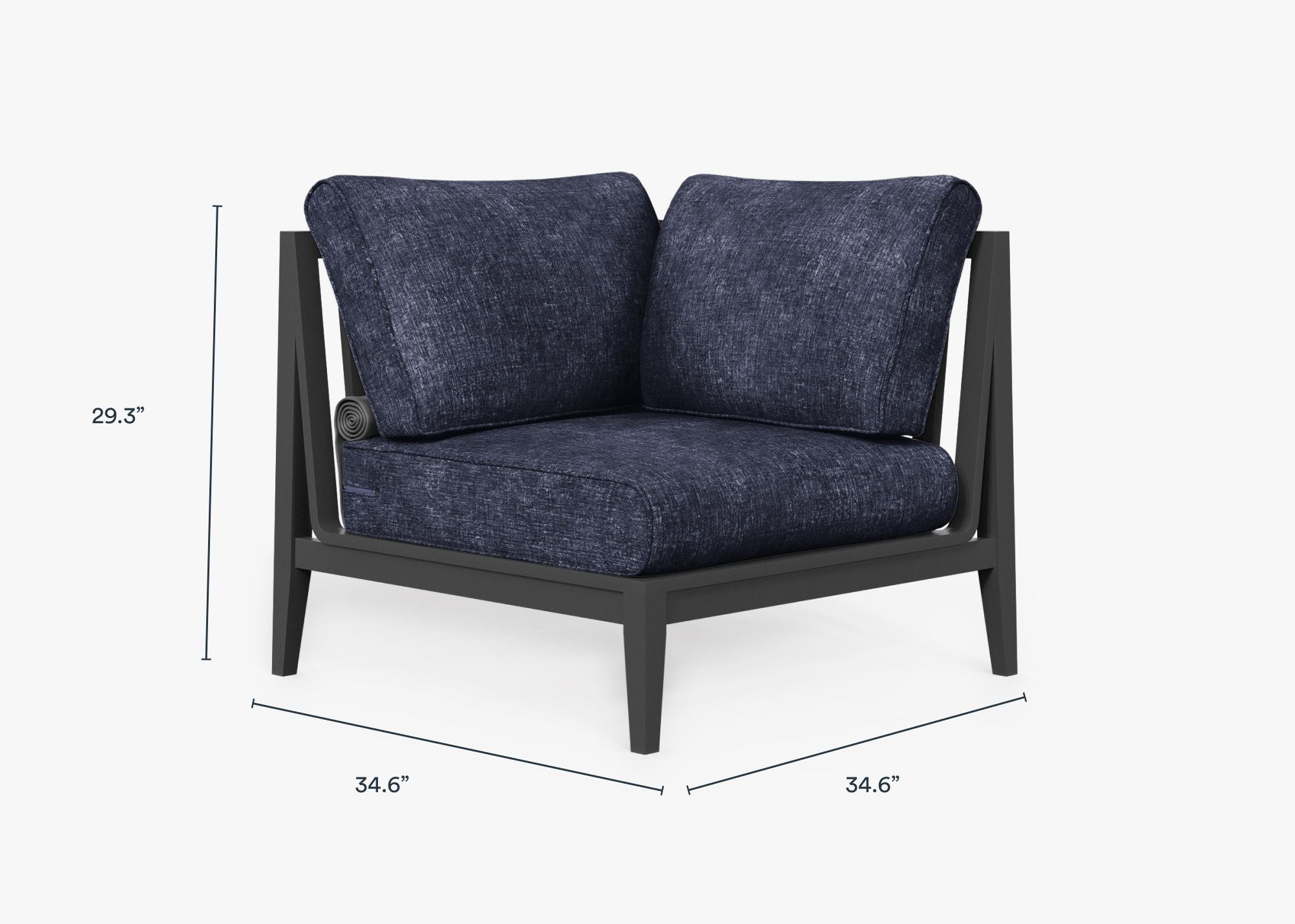 Charcoal Aluminum Outdoor Corner Chair - Left dimensions in inches, also listed under Dimensions and Weights. #color_deep sea navy