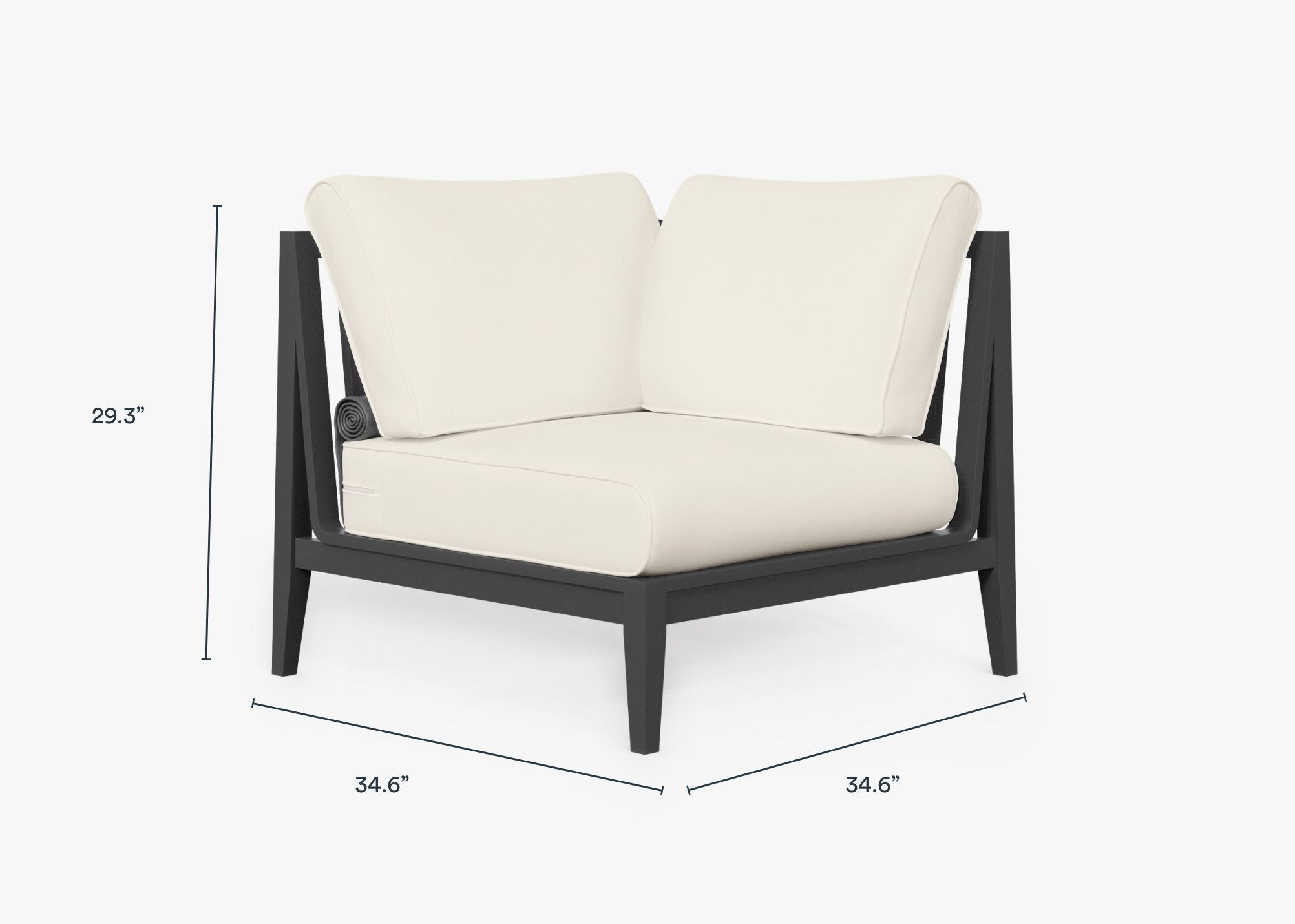 Charcoal Aluminum Outdoor Corner Chair - Left dimensions in inches, also listed under Dimensions and Weights. #color_palisades cream