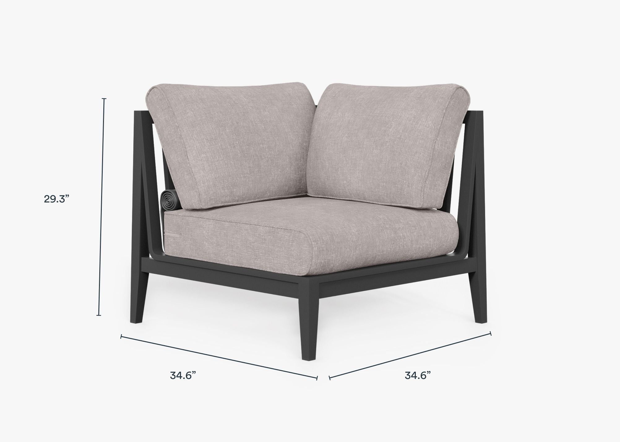 Charcoal Aluminum Outdoor Corner Chair - Left dimensions in inches, also listed under Dimensions and Weights. #color_sandstone gray