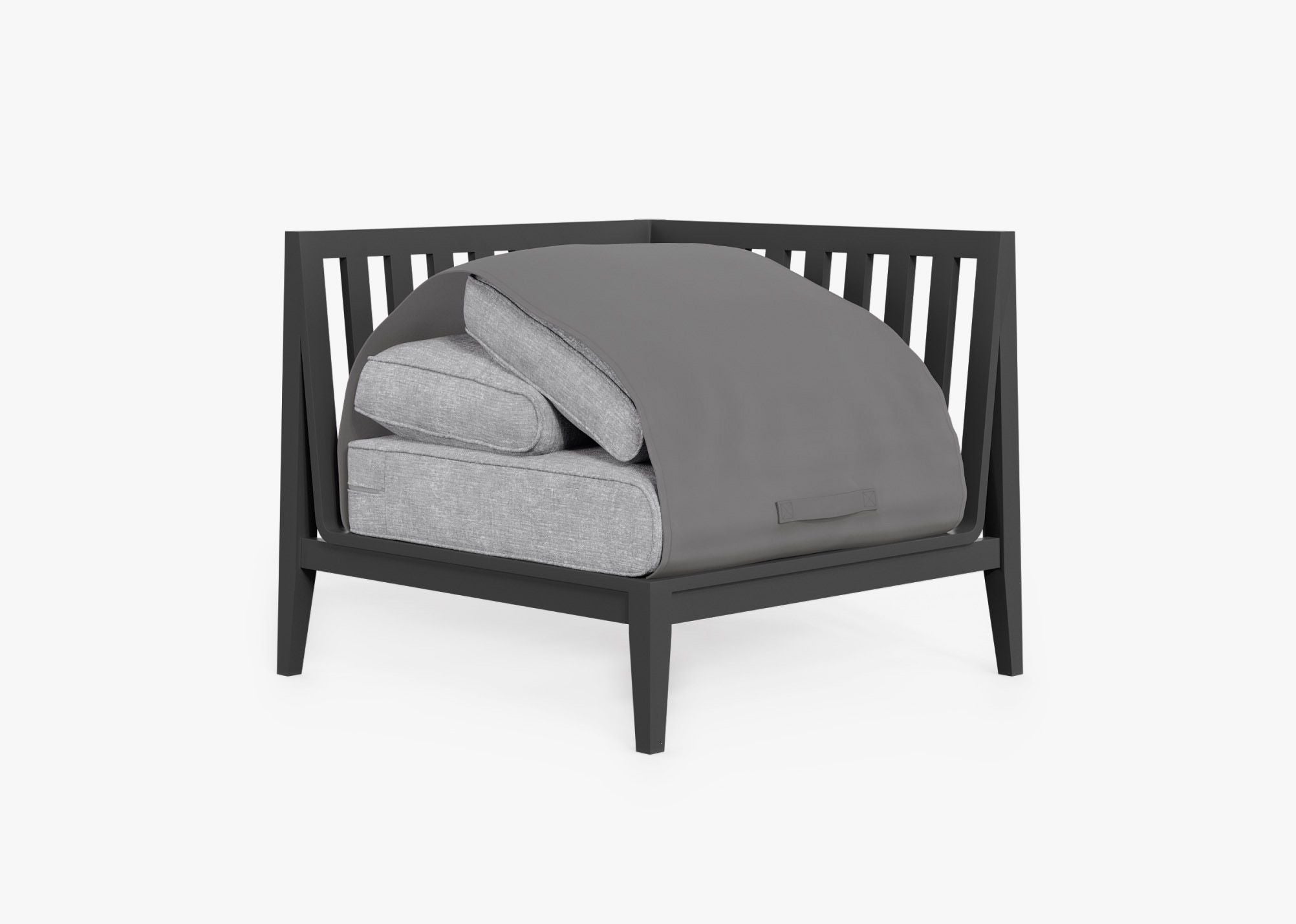Charcoal Aluminum Outdoor Corner Chair - Left shown with the OuterShell outdoor cushion cover, offering exclusive integrated protection. #color_pacific fog gray