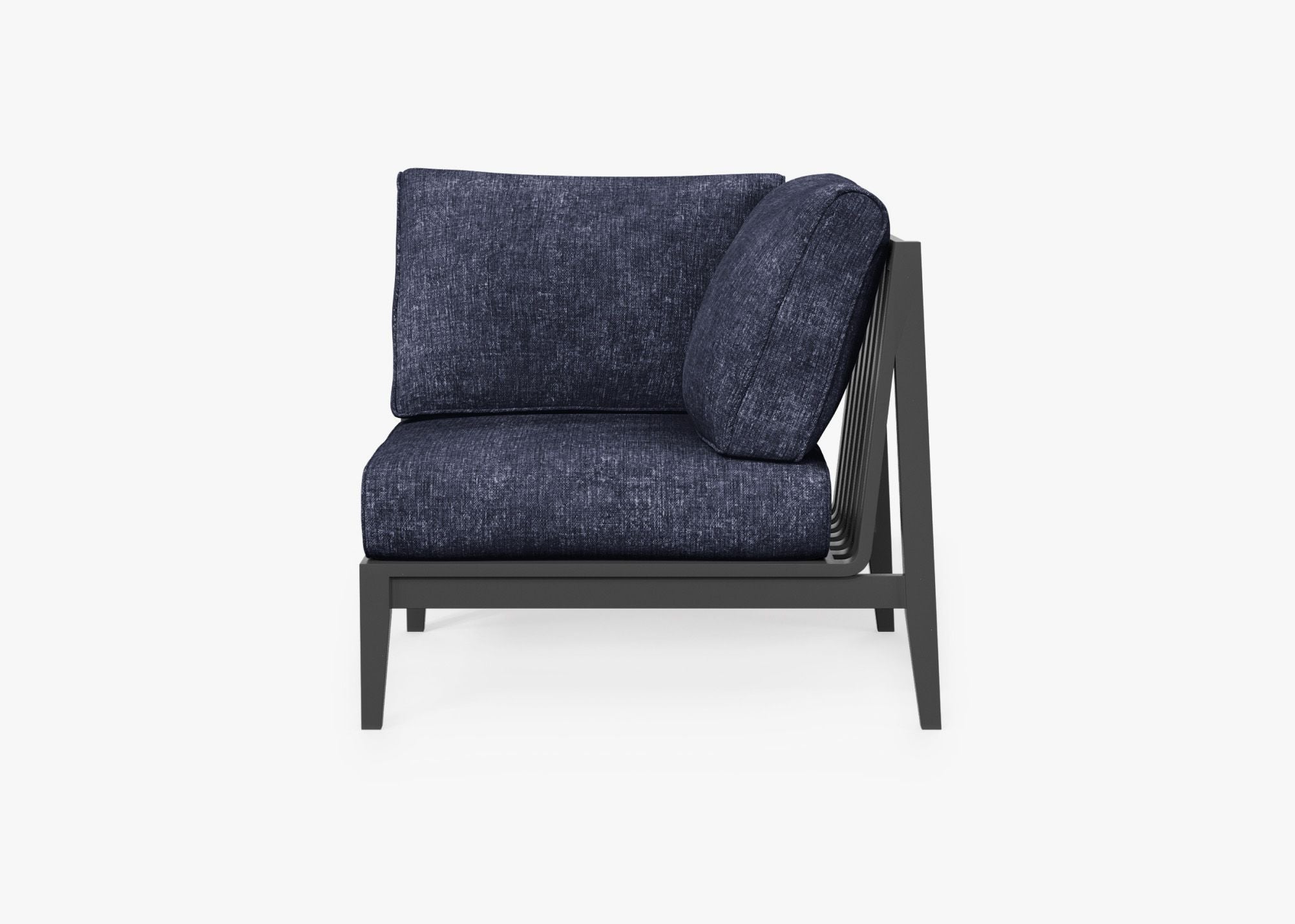 Charcoal Aluminum Outdoor Corner Chair - Left, front. Comfortable, durable, and weather resistant outdoor seating with memory foam. #color_deep sea navy