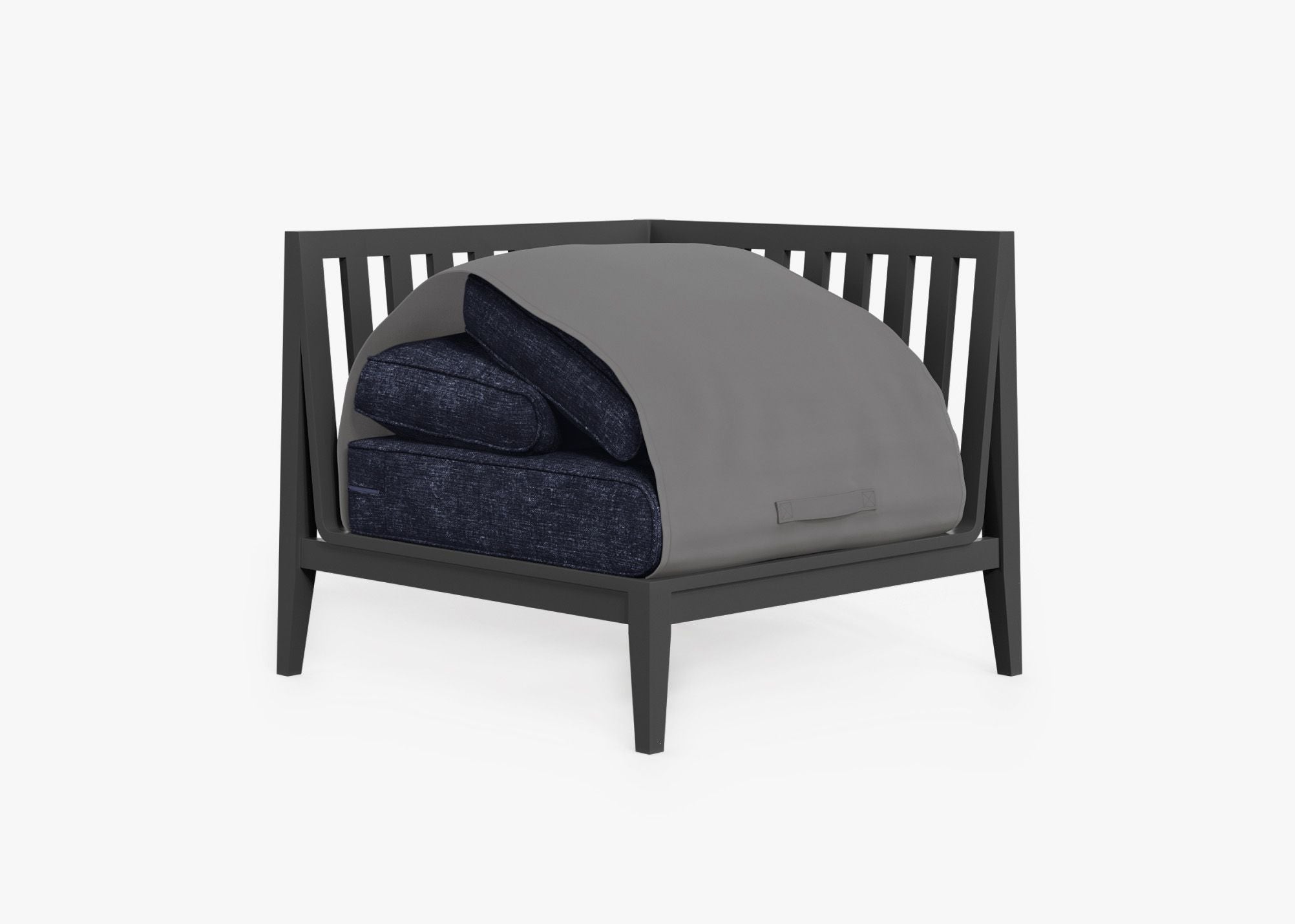 Charcoal Aluminum Outdoor Corner Chair - Left shown with the OuterShell outdoor cushion cover, offering exclusive integrated protection. #color_deep sea navy