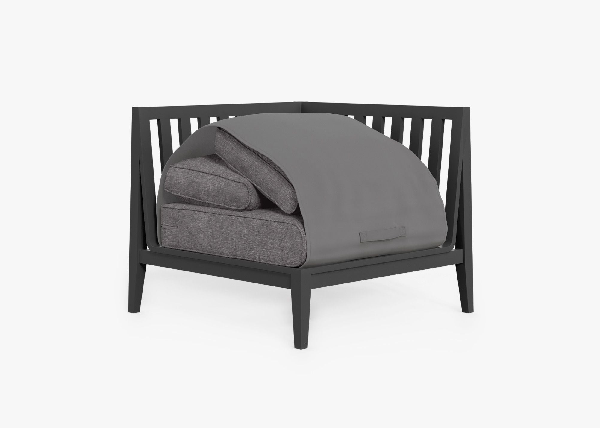 Charcoal Aluminum Outdoor Corner Chair - Left shown with the OuterShell outdoor cushion cover, offering exclusive integrated protection. #color_dark pebble gray