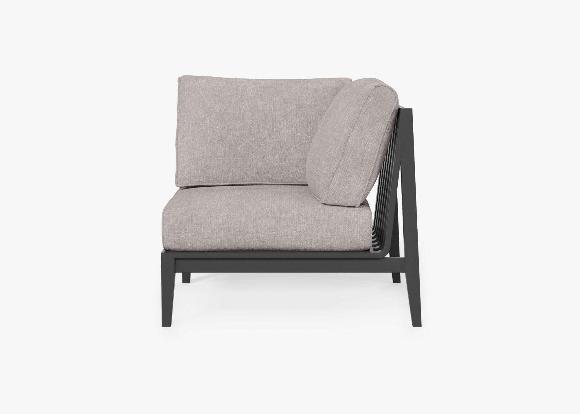 Charcoal Aluminum Outdoor Corner Chair - Left, front. Comfortable, durable, and weather resistant outdoor seating with memory foam. #color_sandstone gray