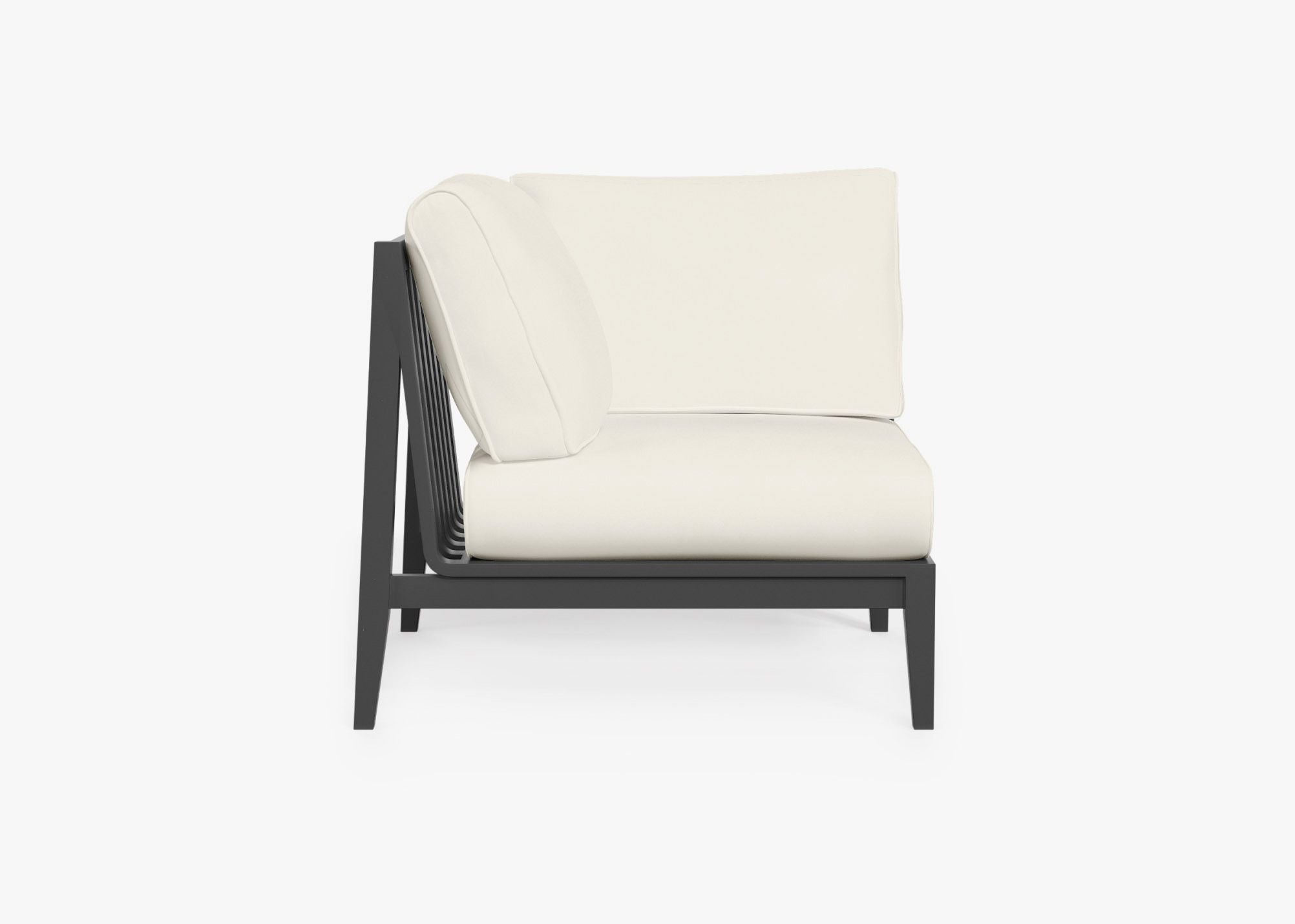 Charcoal Aluminum Outdoor Corner Chair - Right, front. Comfortable, durable, and weather resistant outdoor seating with memory foam. #color_palisades cream