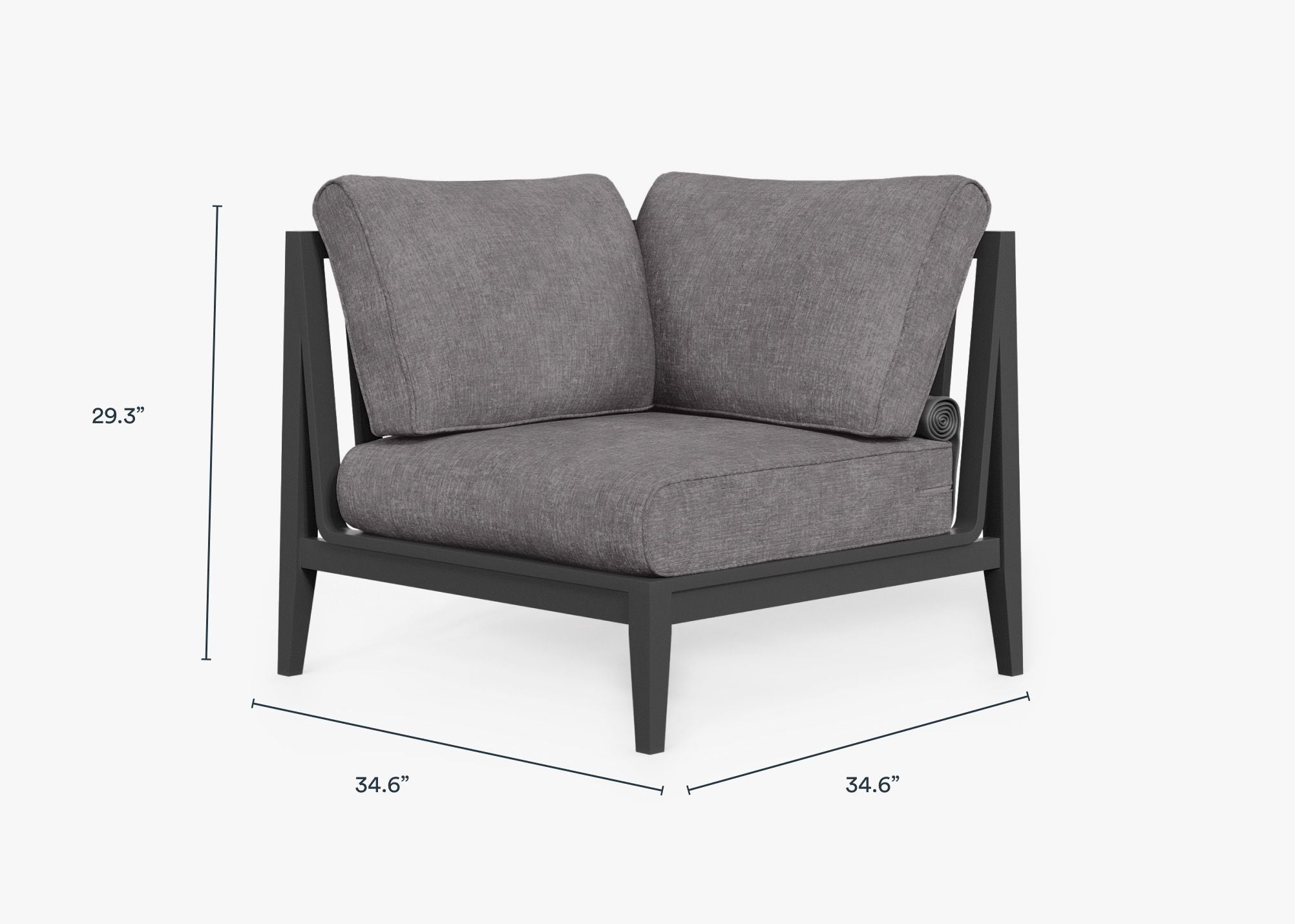 Charcoal Aluminum Outdoor Corner Chair - Right dimensions in inches, also listed under Dimensions and Weights. #color_dark pebble gray