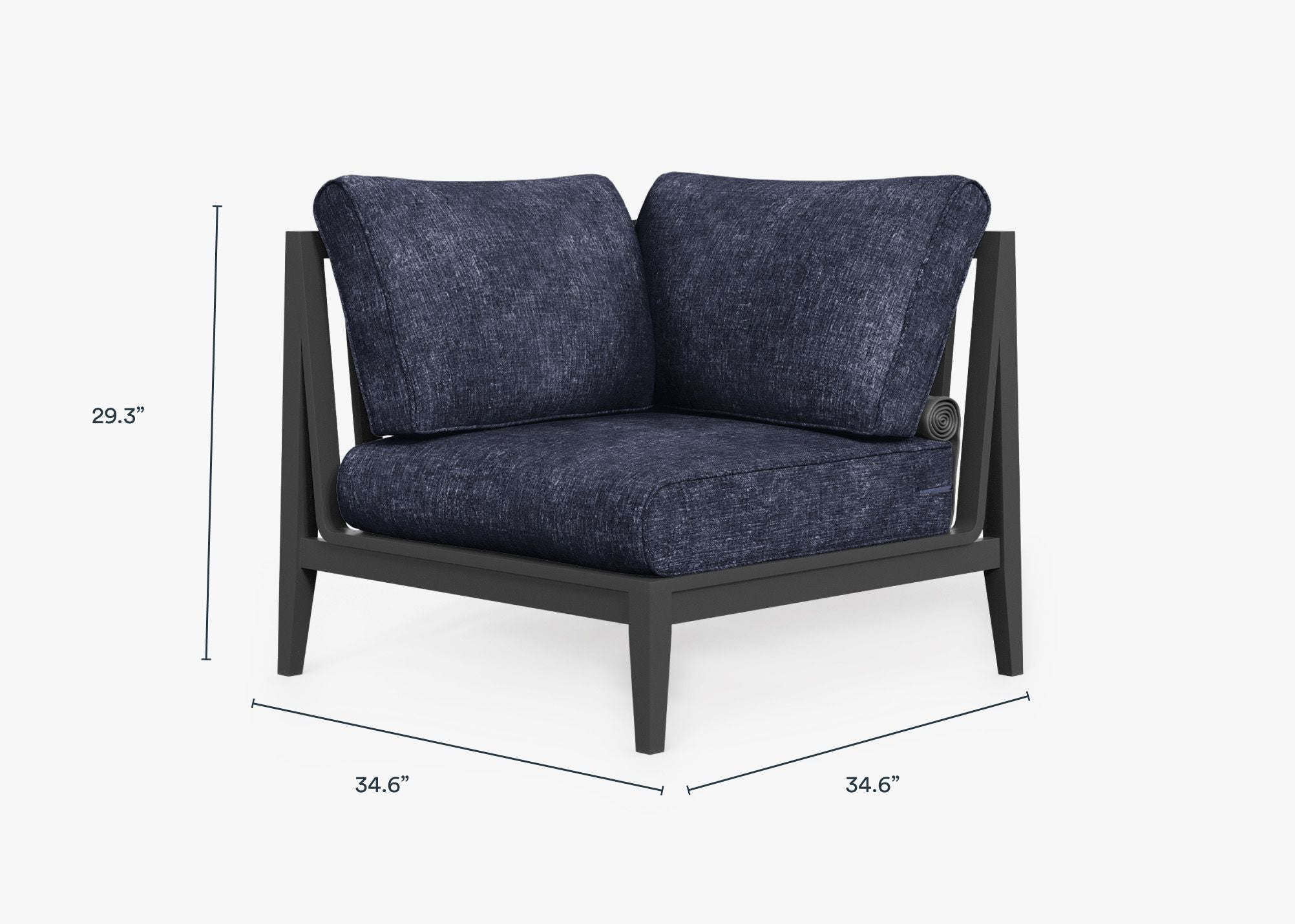 Charcoal Aluminum Outdoor Corner Chair - Right dimensions in inches, also listed under Dimensions and Weights. #color_deep sea navy