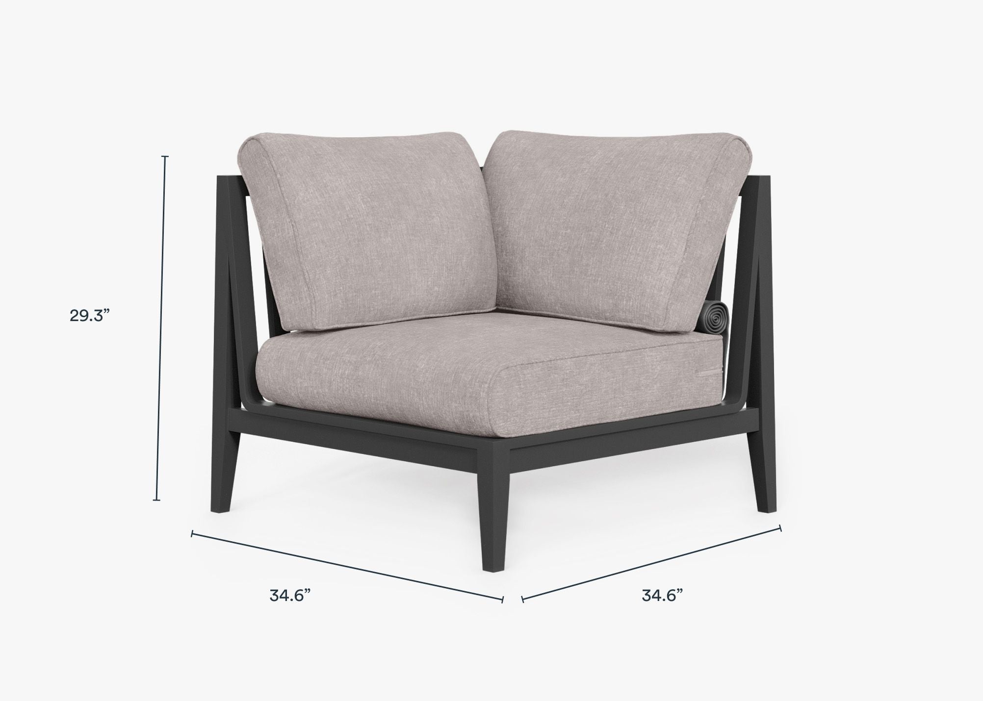 Charcoal Aluminum Outdoor Corner Chair - Right dimensions in inches, also listed under Dimensions and Weights. #color_sandstone gray