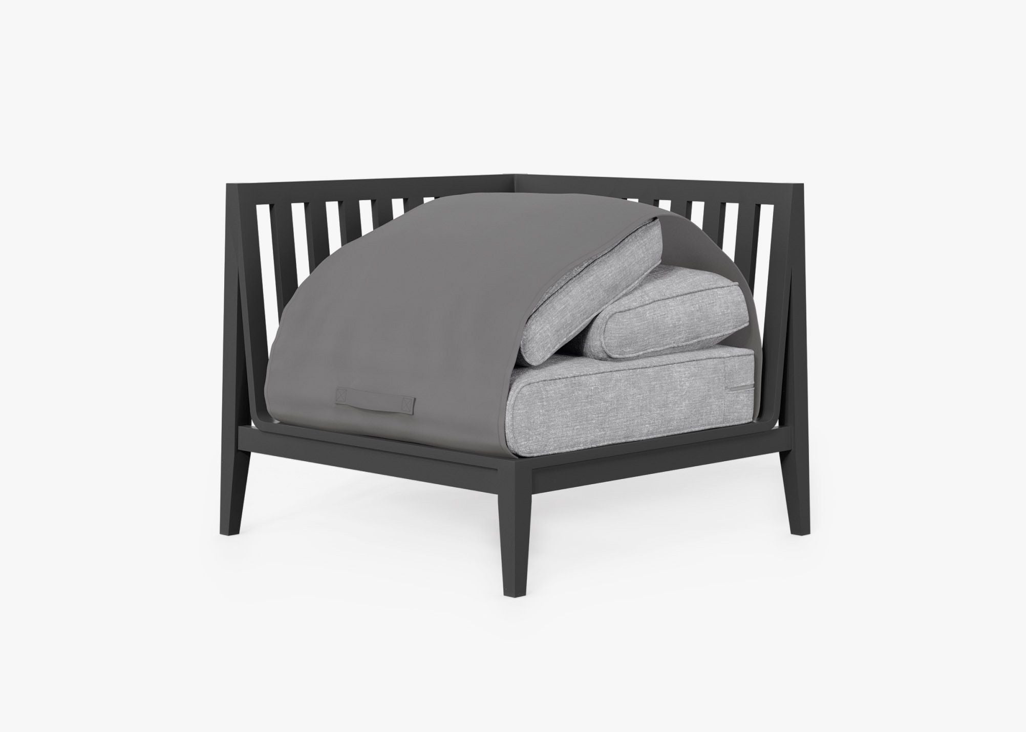Charcoal Aluminum Outdoor Corner Chair - Right shown with the OuterShell outdoor cushion cover, offering exclusive integrated protection. #color_pacific fog gray