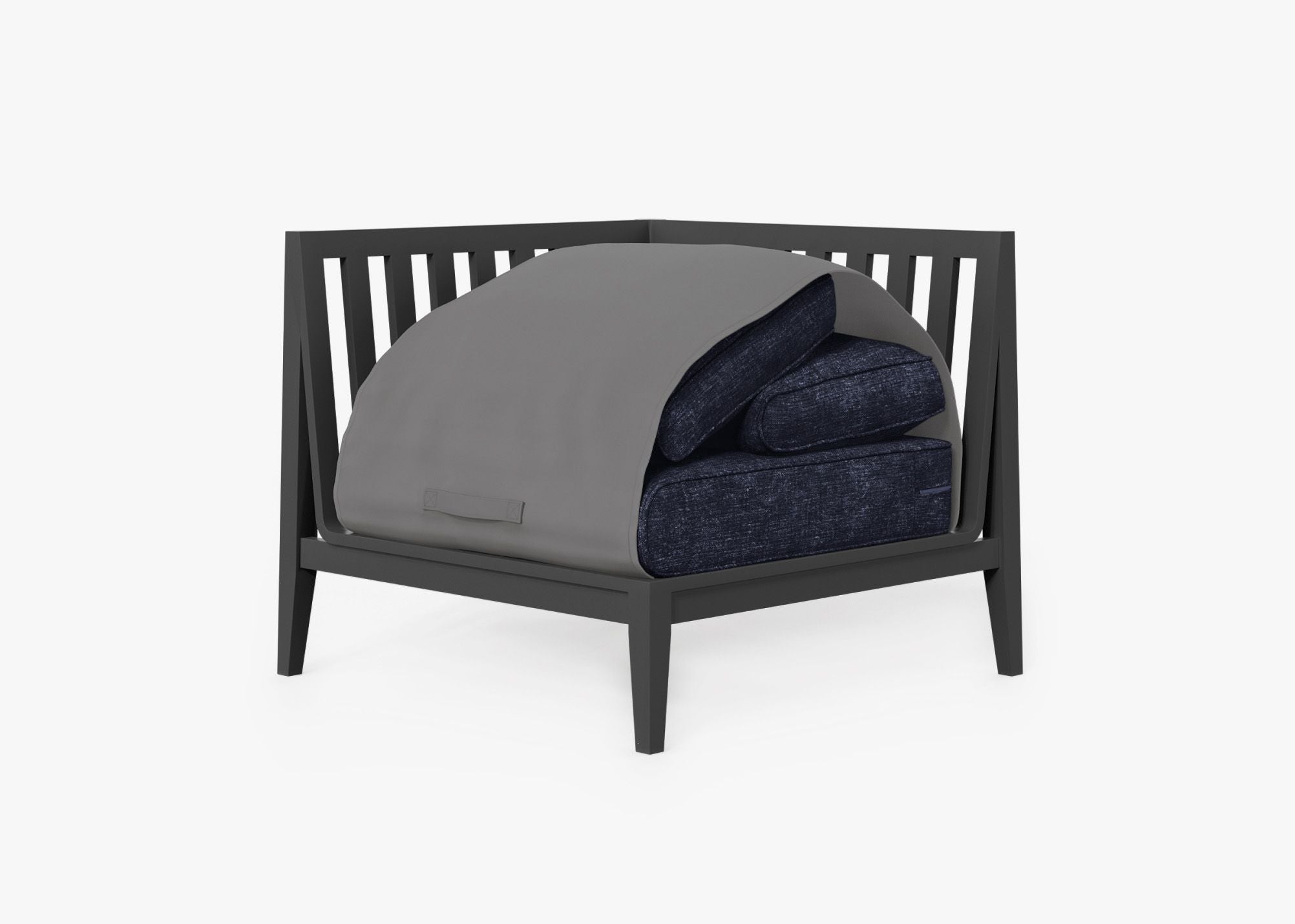 Charcoal Aluminum Outdoor Corner Chair - Right shown with the OuterShell outdoor cushion cover, offering exclusive integrated protection. #color_deep sea navy