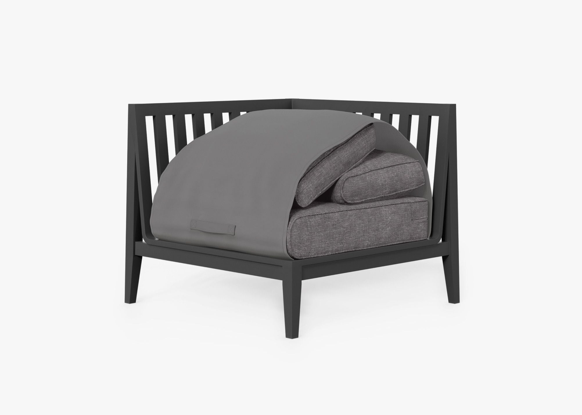 Charcoal Aluminum Outdoor Corner Chair - Right shown with the OuterShell outdoor cushion cover, offering exclusive integrated protection. #color_dark pebble gray