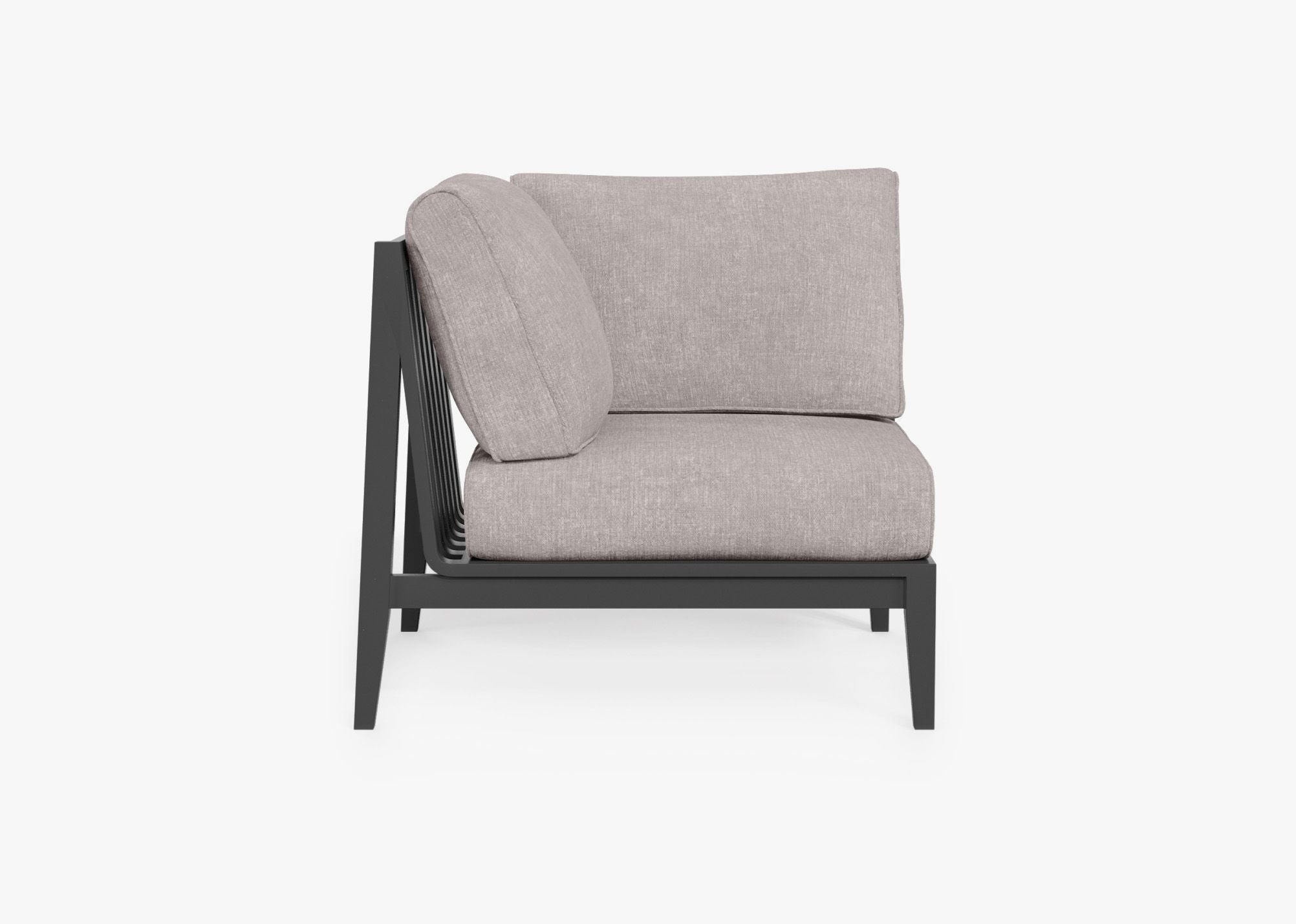 Charcoal Aluminum Outdoor Corner Chair - Right, front. Comfortable, durable, and weather resistant outdoor seating with memory foam. #color_sandstone gray