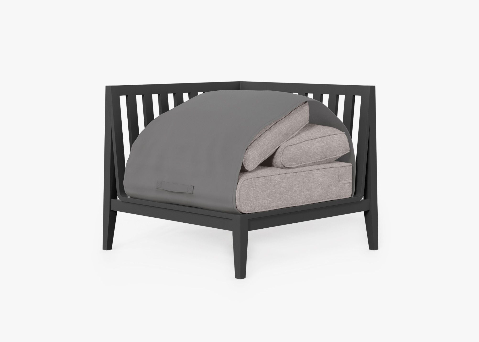 Charcoal Aluminum Outdoor Corner Chair - Right shown with the OuterShell outdoor cushion cover, offering exclusive integrated protection. #color_sandstone gray