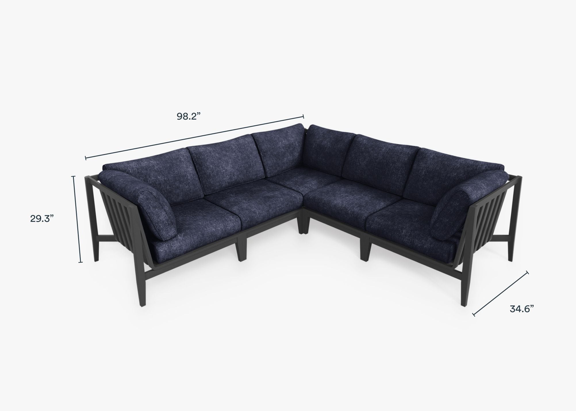 Charcoal Aluminum Outdoor Corner Sectional - 5 Seat dimensions in inches, also listed under Dimensions and Weights. #color_deep sea navy