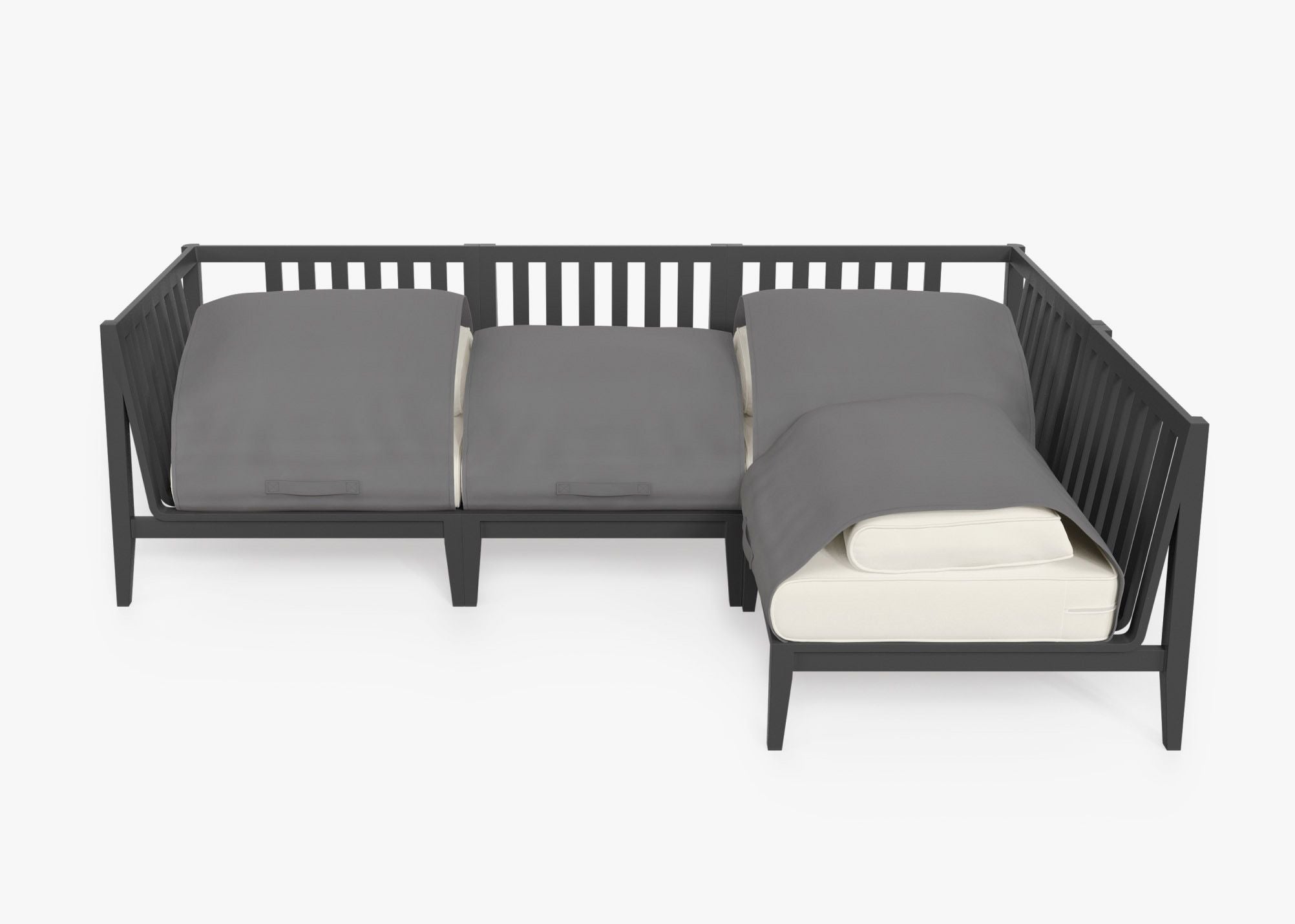 Charcoal Aluminum Outdoor L Sectional - 4 Seat shown with the OuterShell outdoor cushion cover, offering exclusive integrated protection. #color_palisades cream